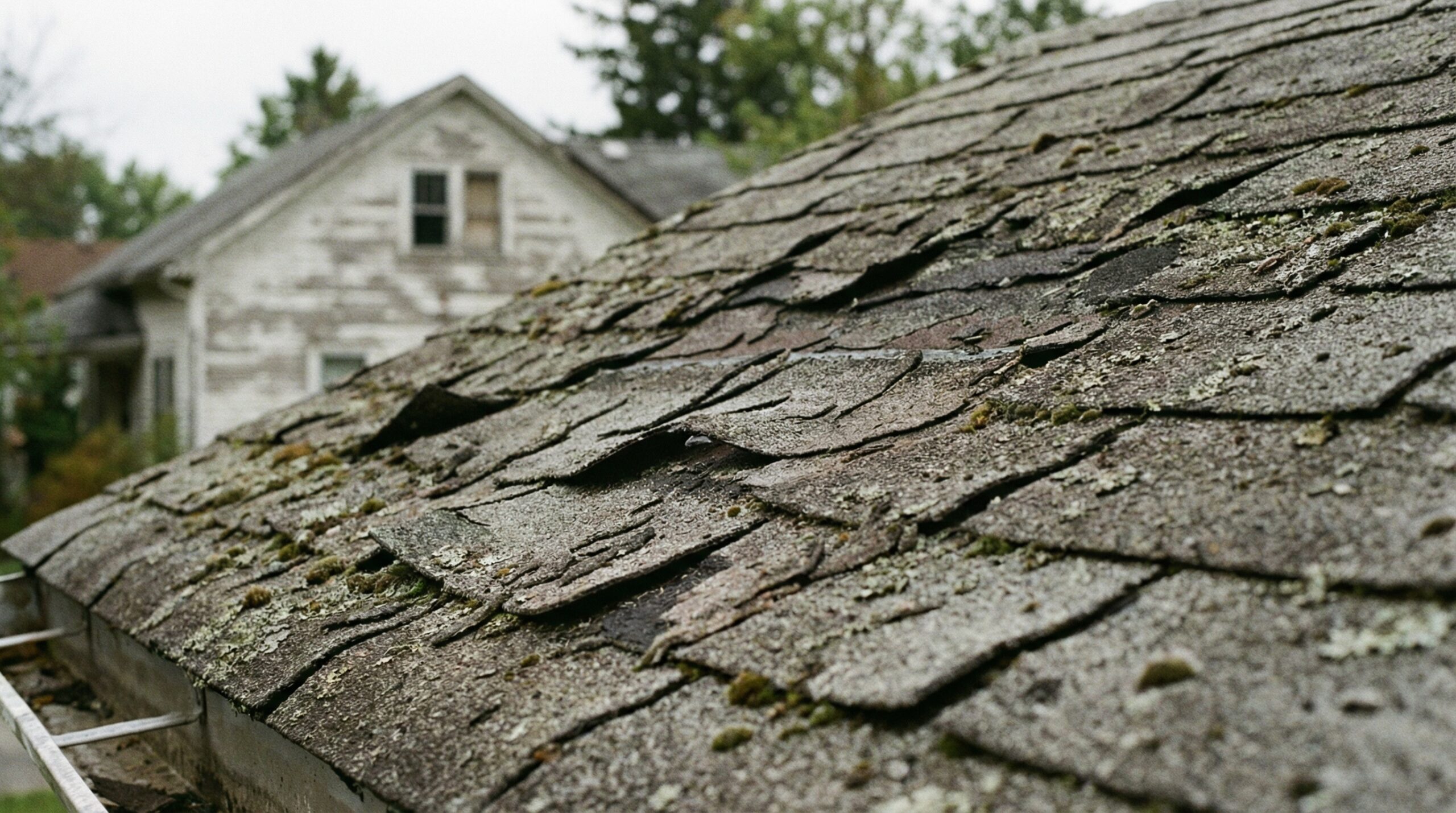 Close-up photo showing curled and buckled asphalt shingles on a residential roof