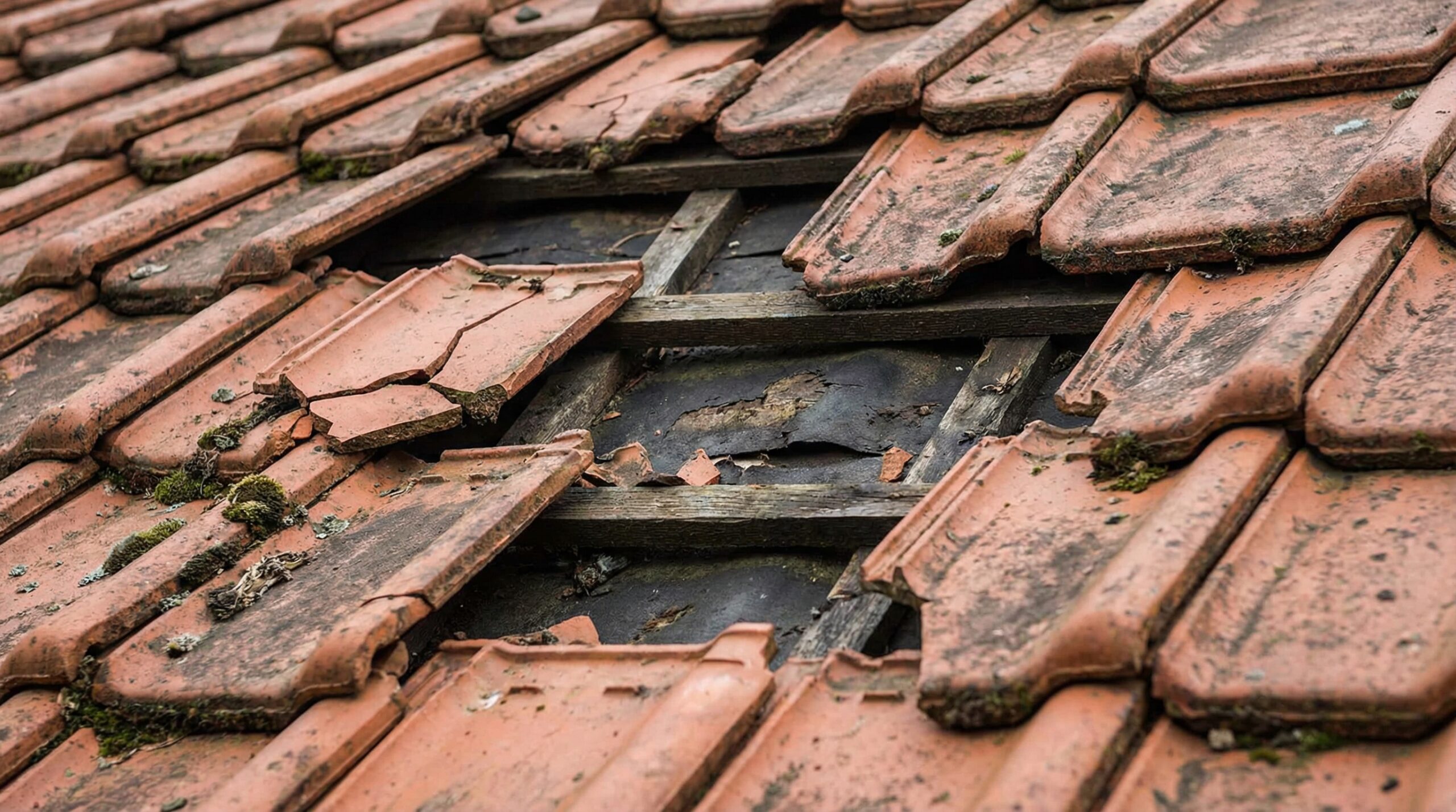 Damaged tile roof showing cracked and missing tiles