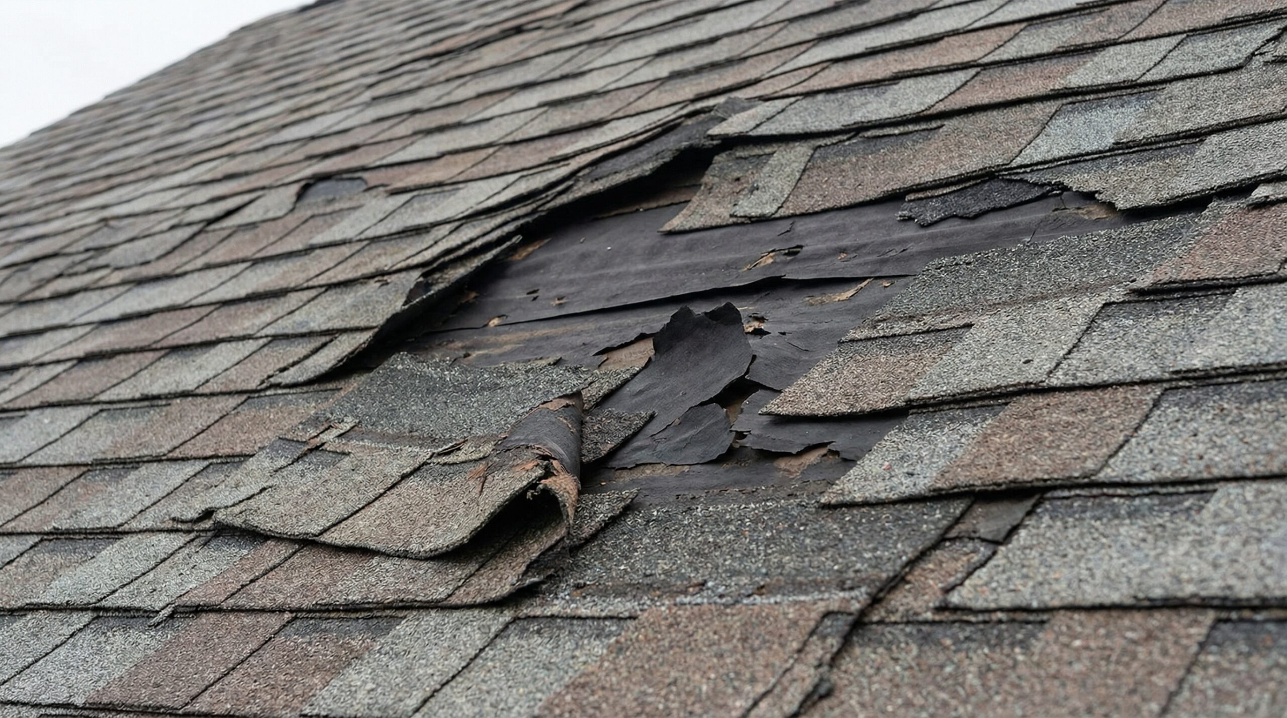 Close-up view of missing and damaged asphalt shingles showing exposed underlayment