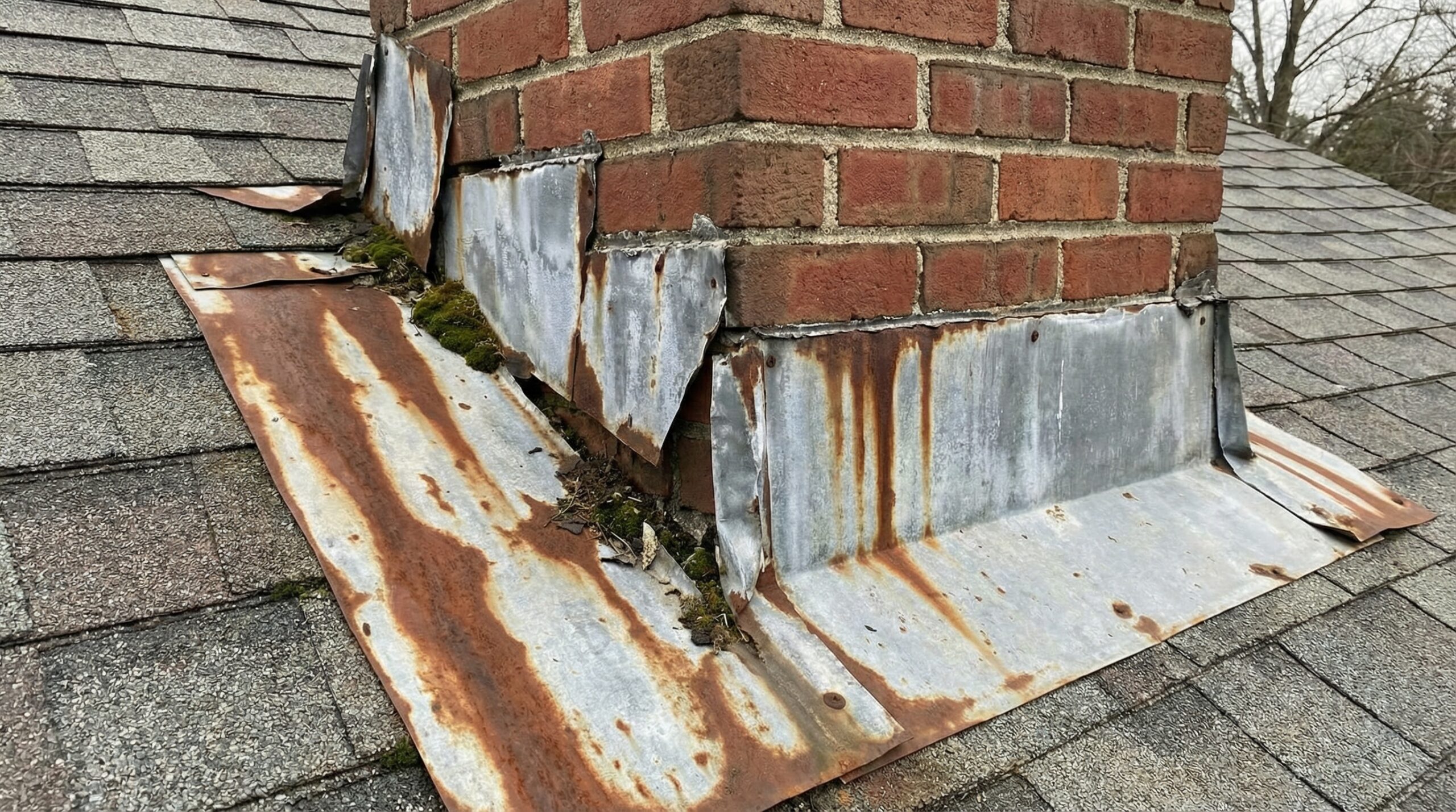 Damaged roof flashing around chimney showing gaps and corrosion