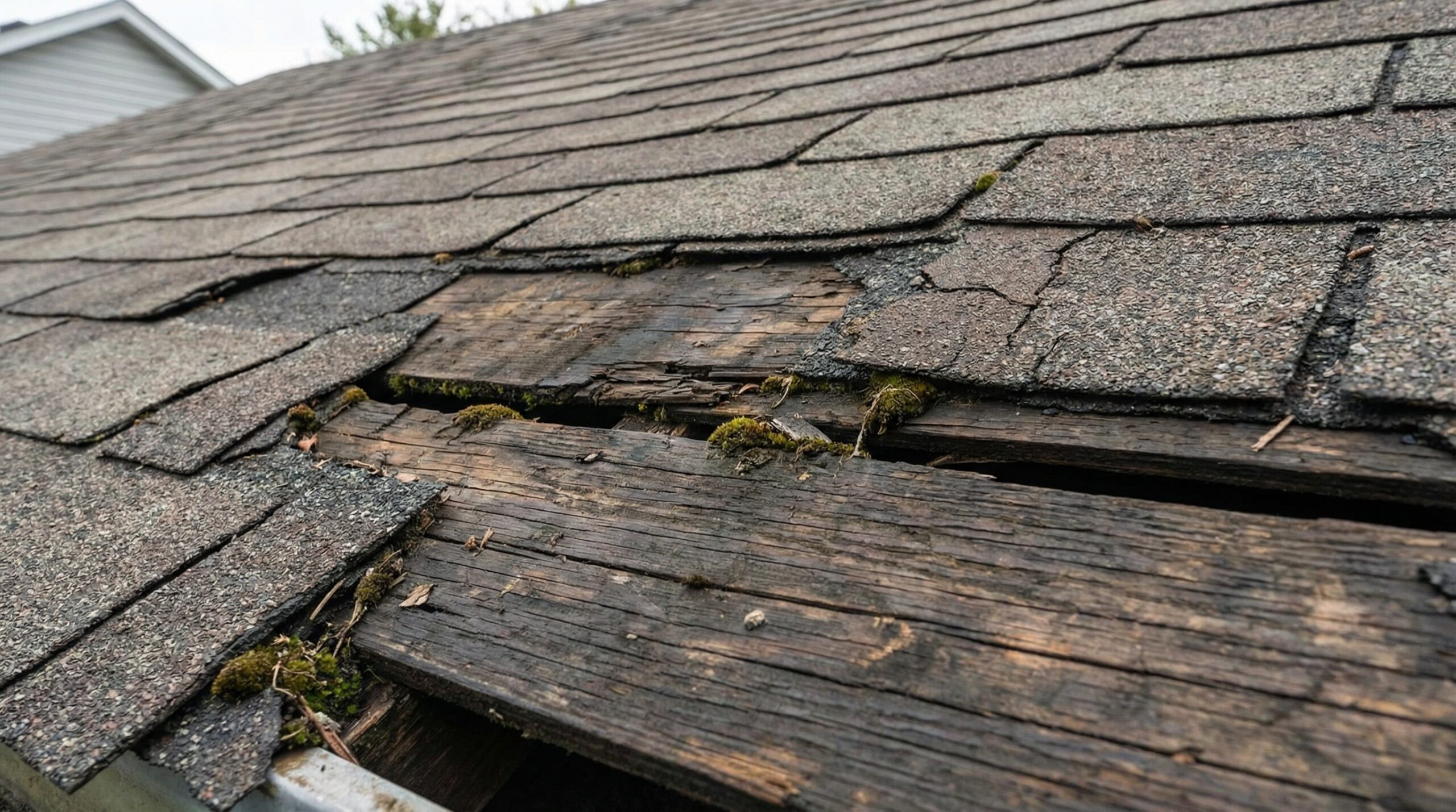 Close-up of damaged roof showing missing shingles and exposed decking
