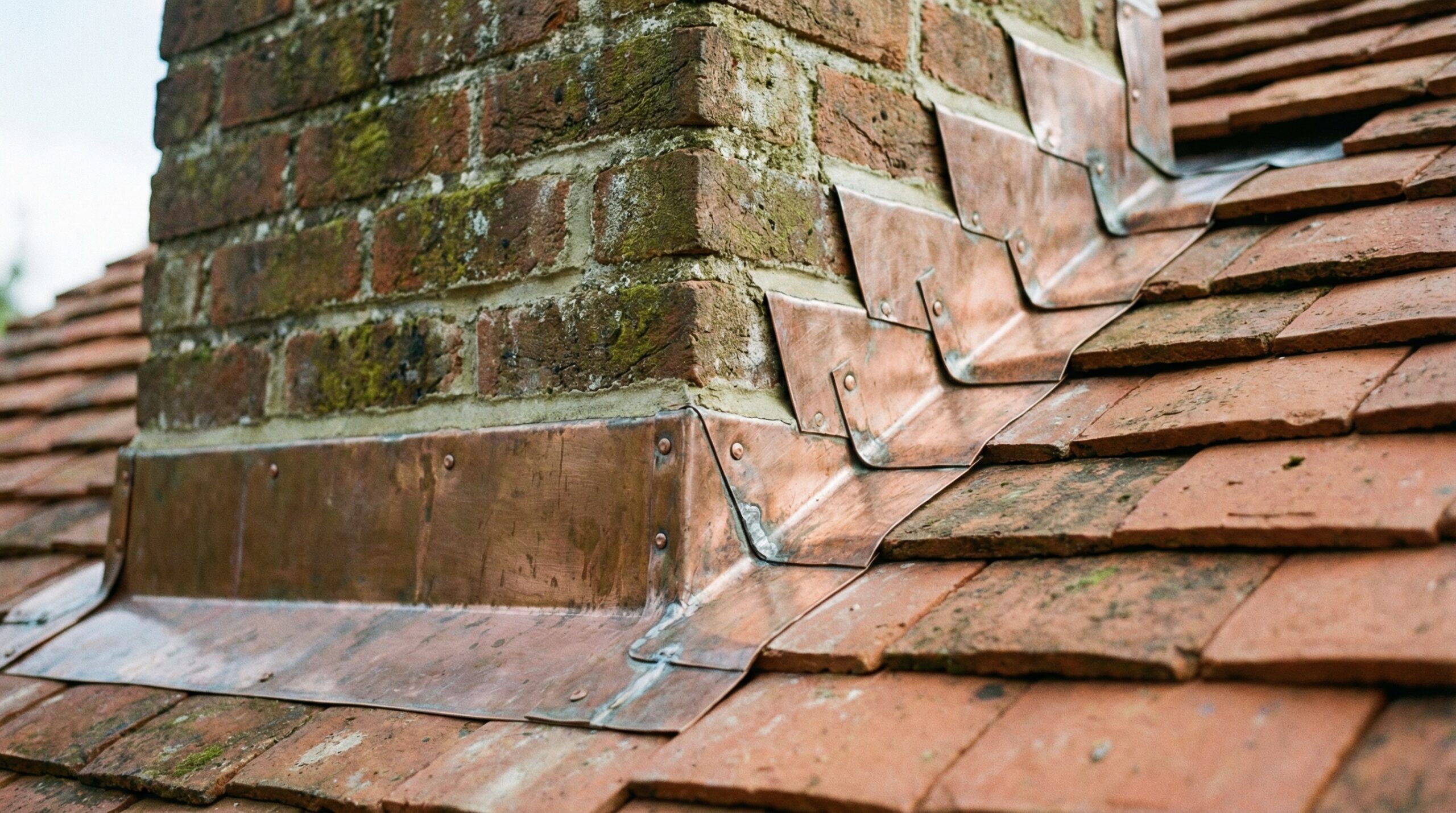 Close-up view of flashing around chimney and roof intersection