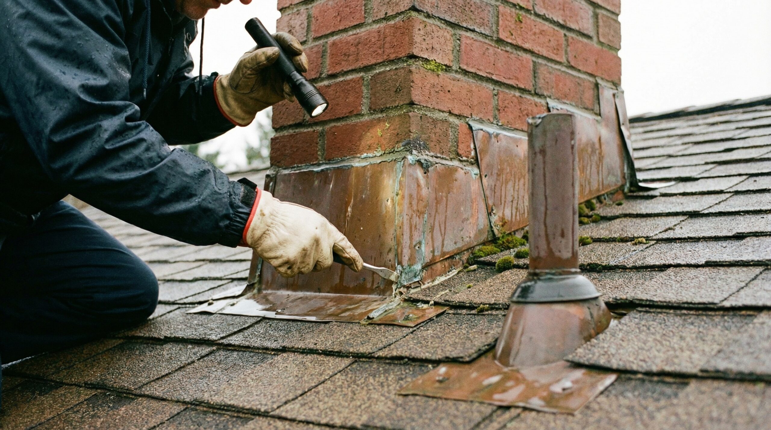 Close-up view of inspector examining flashing around chimney and roof penetrations