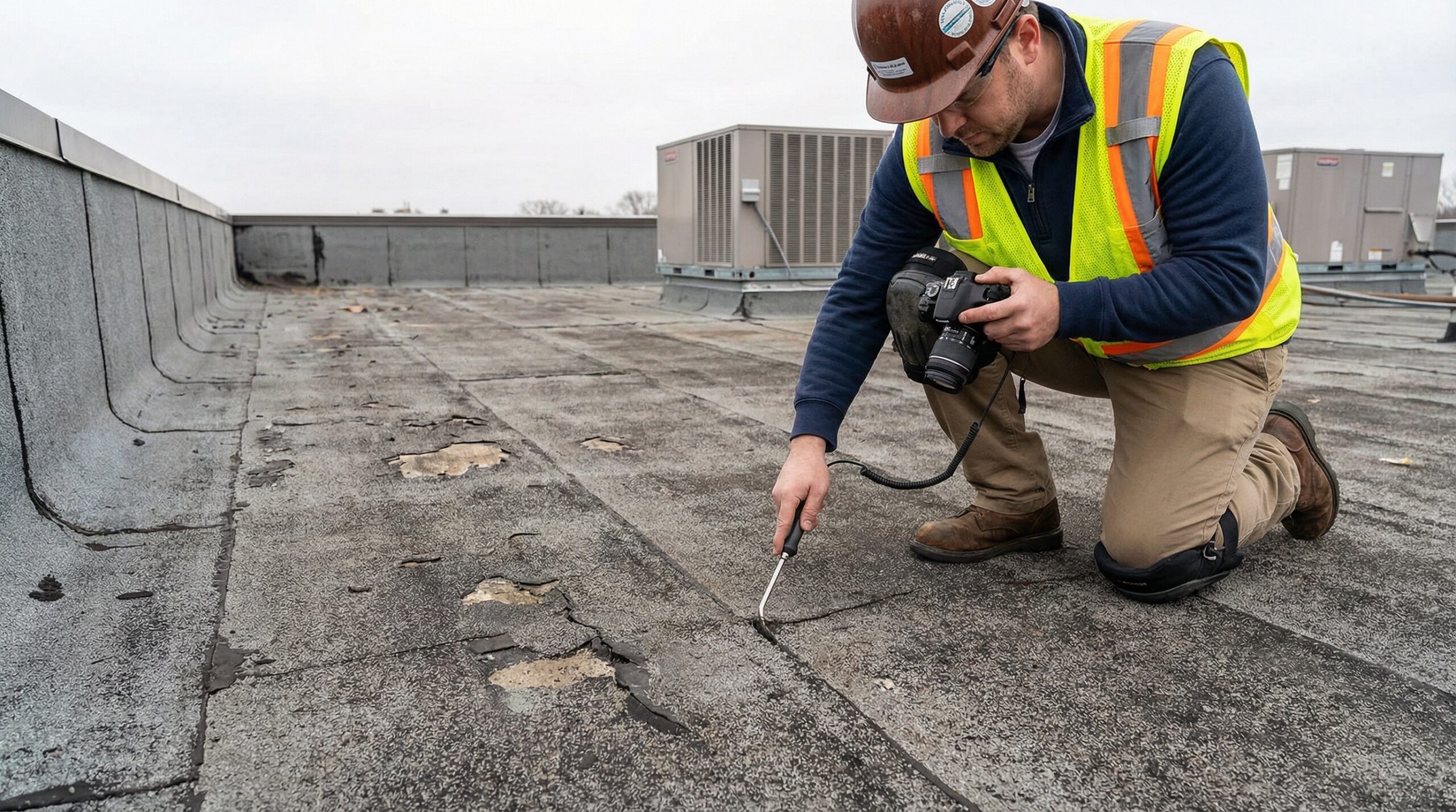 Professional flat roof inspection on commercial building