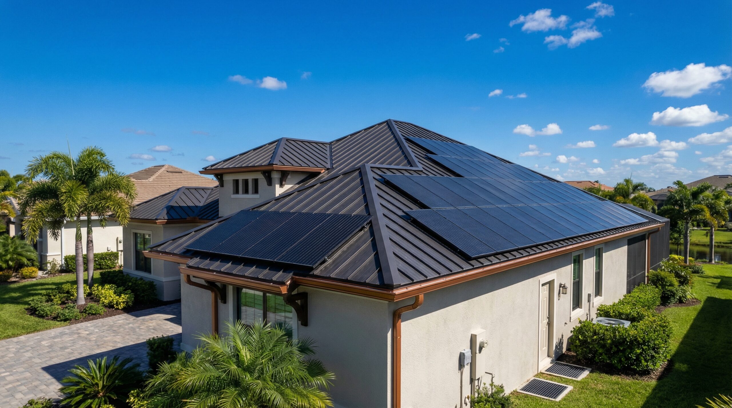 Well-maintained Florida HOA roof with solar panels and proper drainage systems