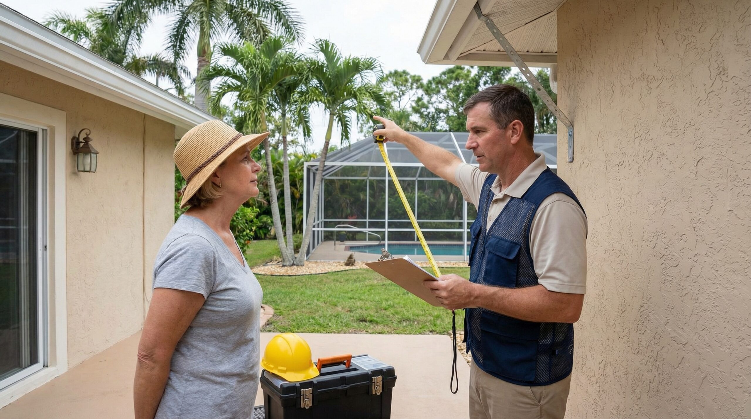 Florida homeowner receiving wind mitigation inspection with clipboard and measuring tools