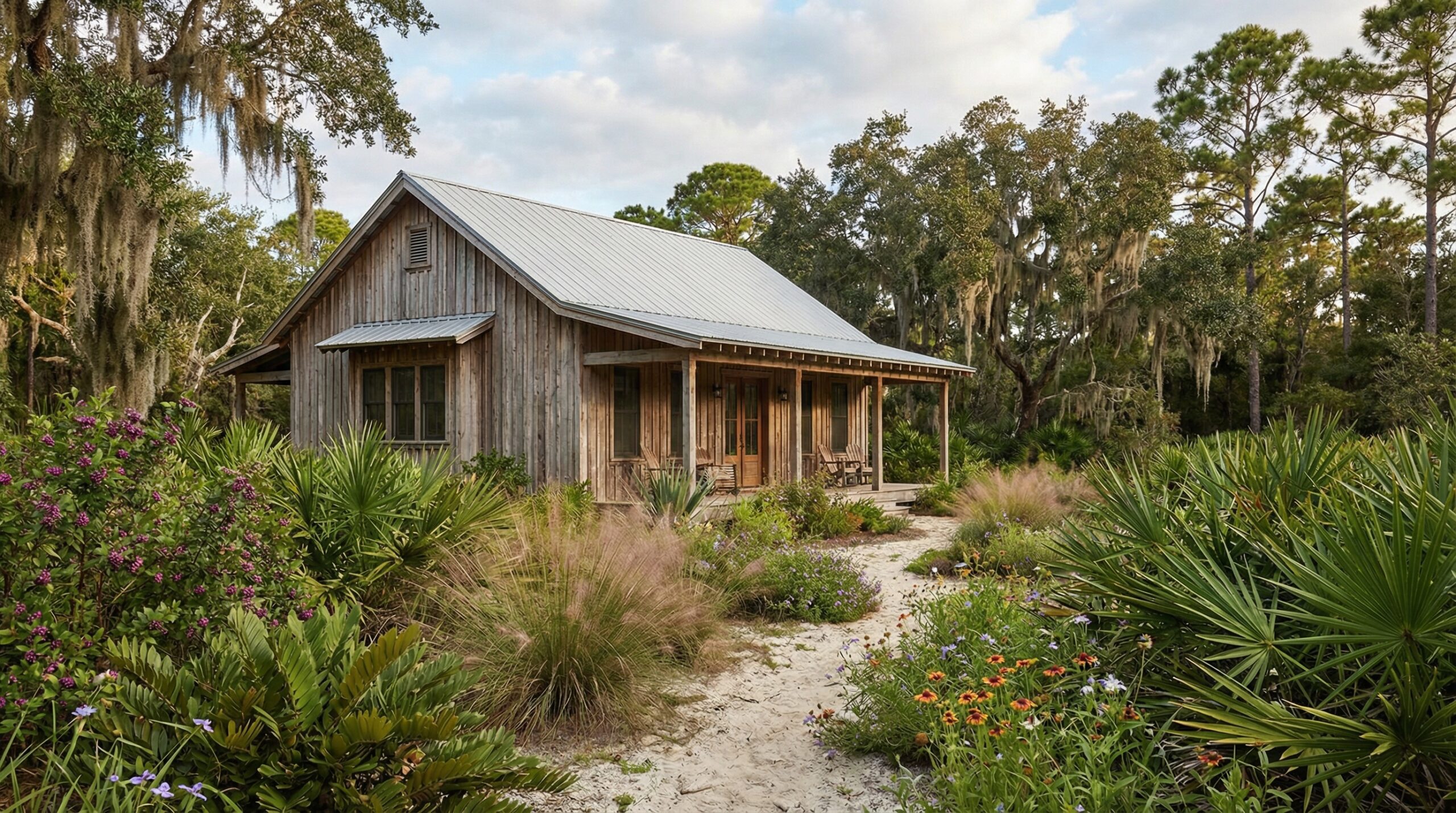 Florida native plants landscaping around a home with natural siding