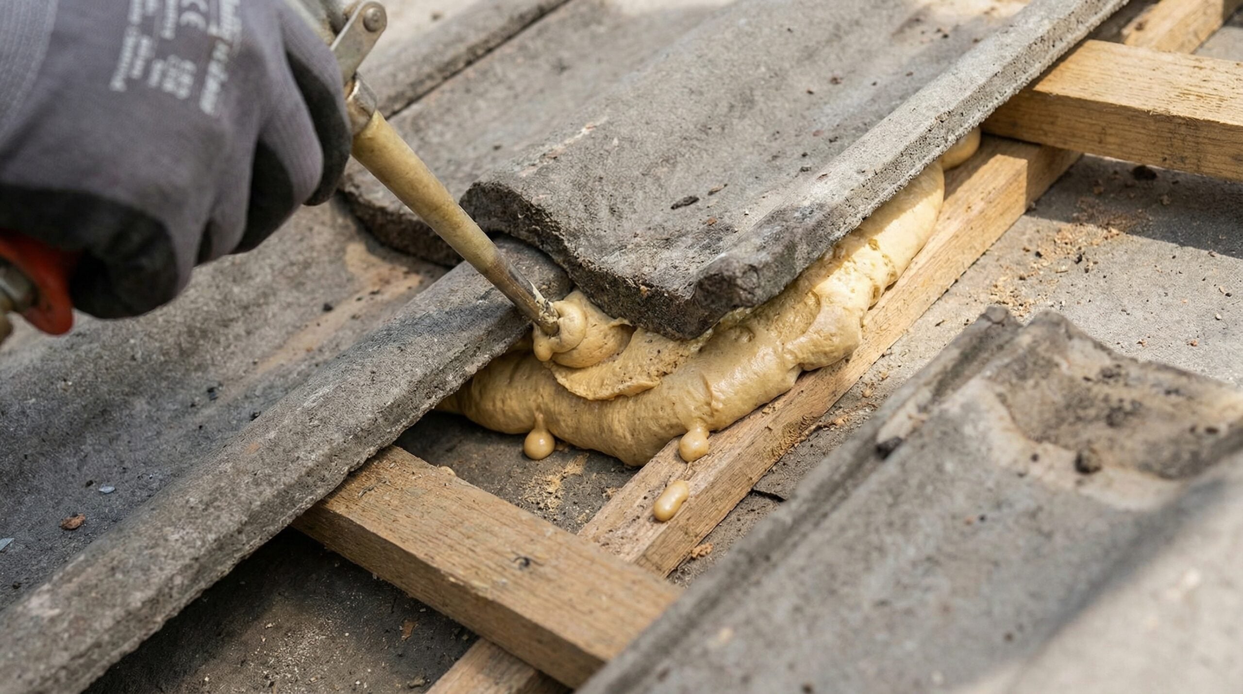 Close Up Foam Adhesive Application Under Concrete Tile