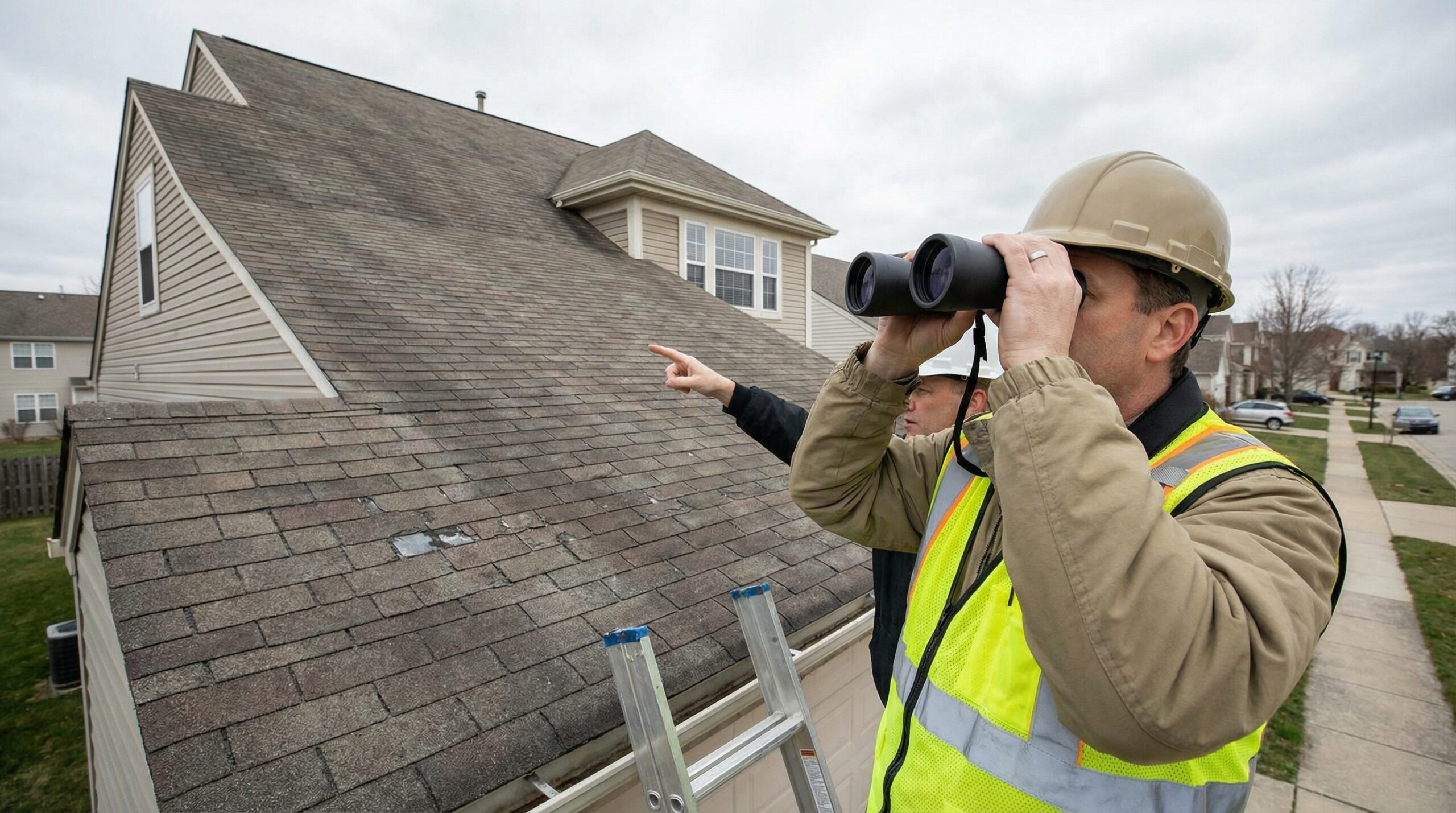 Inspector examining roof from ground level with binoculars, pointing at potential issues