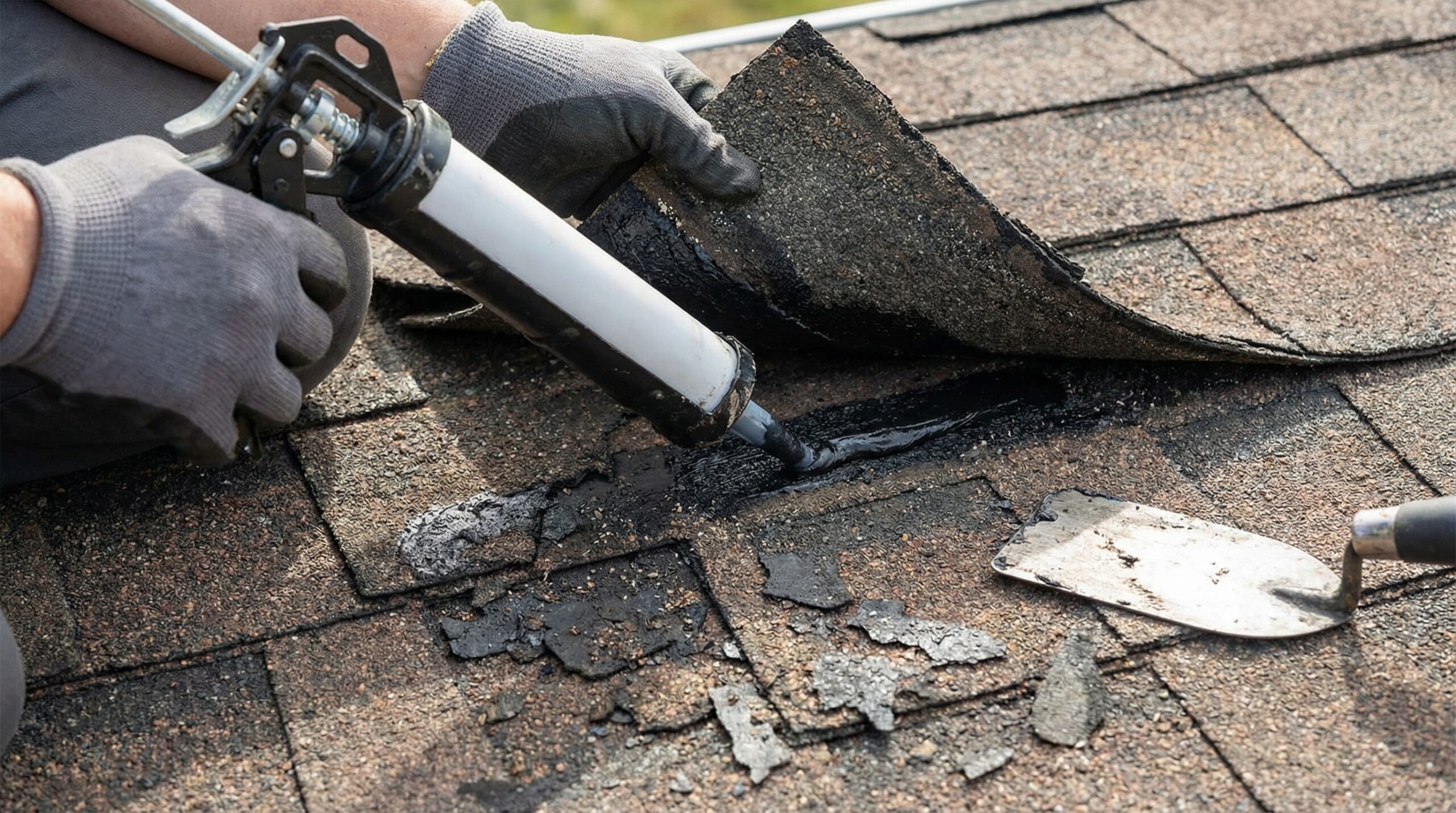 Hands applying roofing cement under shingle
