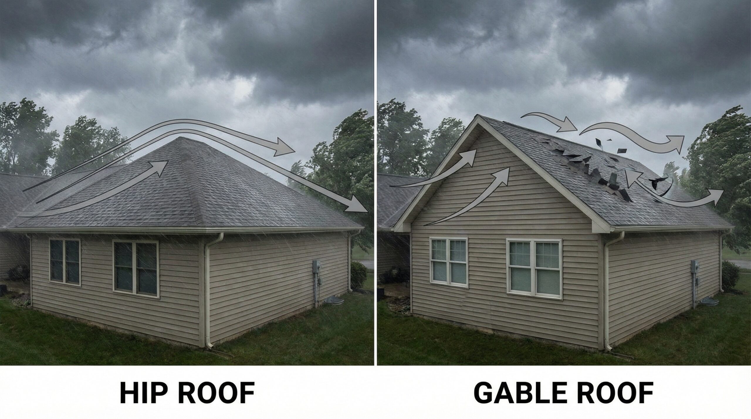 Comparison diagram showing hip roof vs gable roof wind resistance