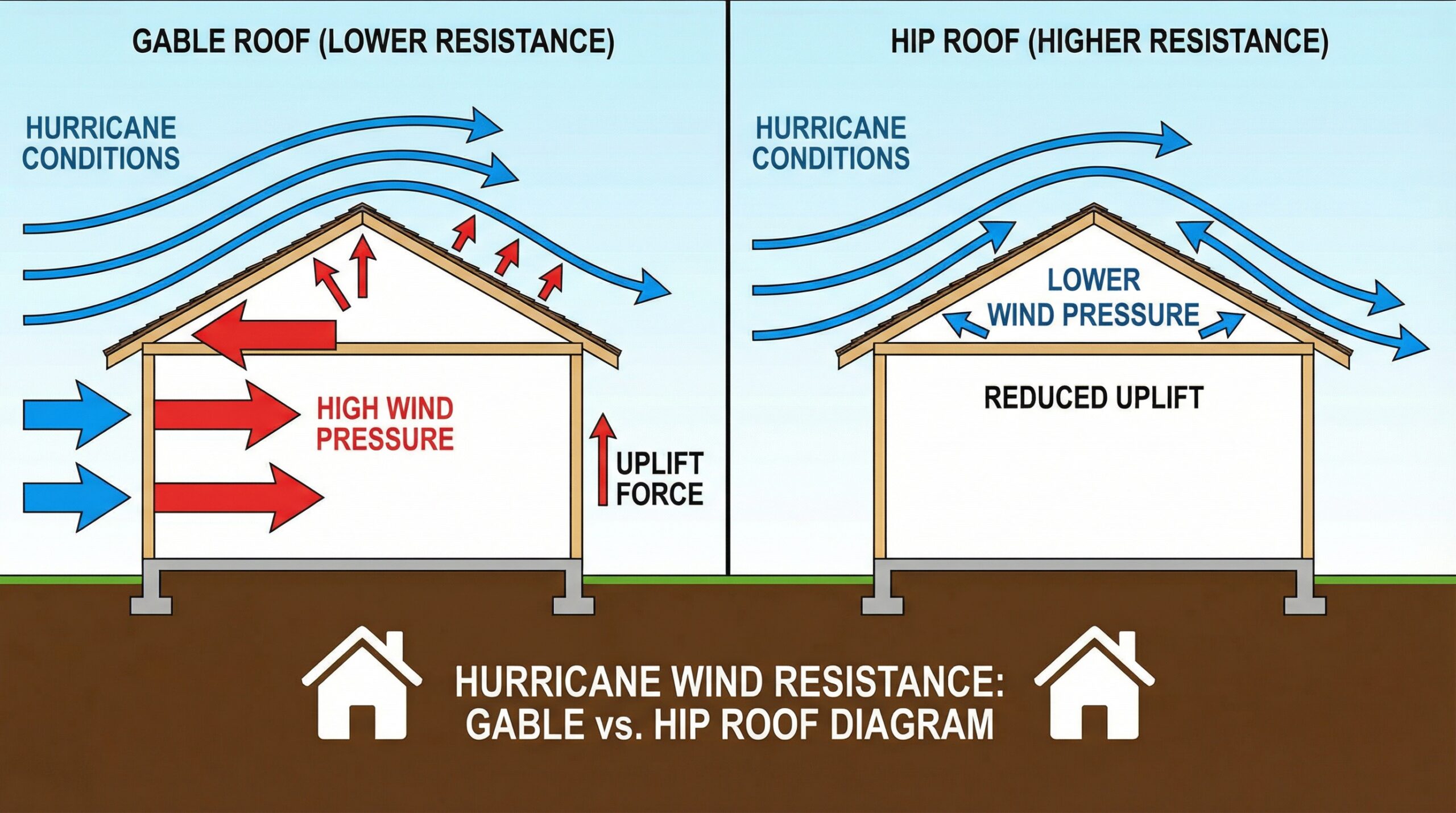 Diagram showing hip roof versus gable roof wind resistance during hurricane conditions
