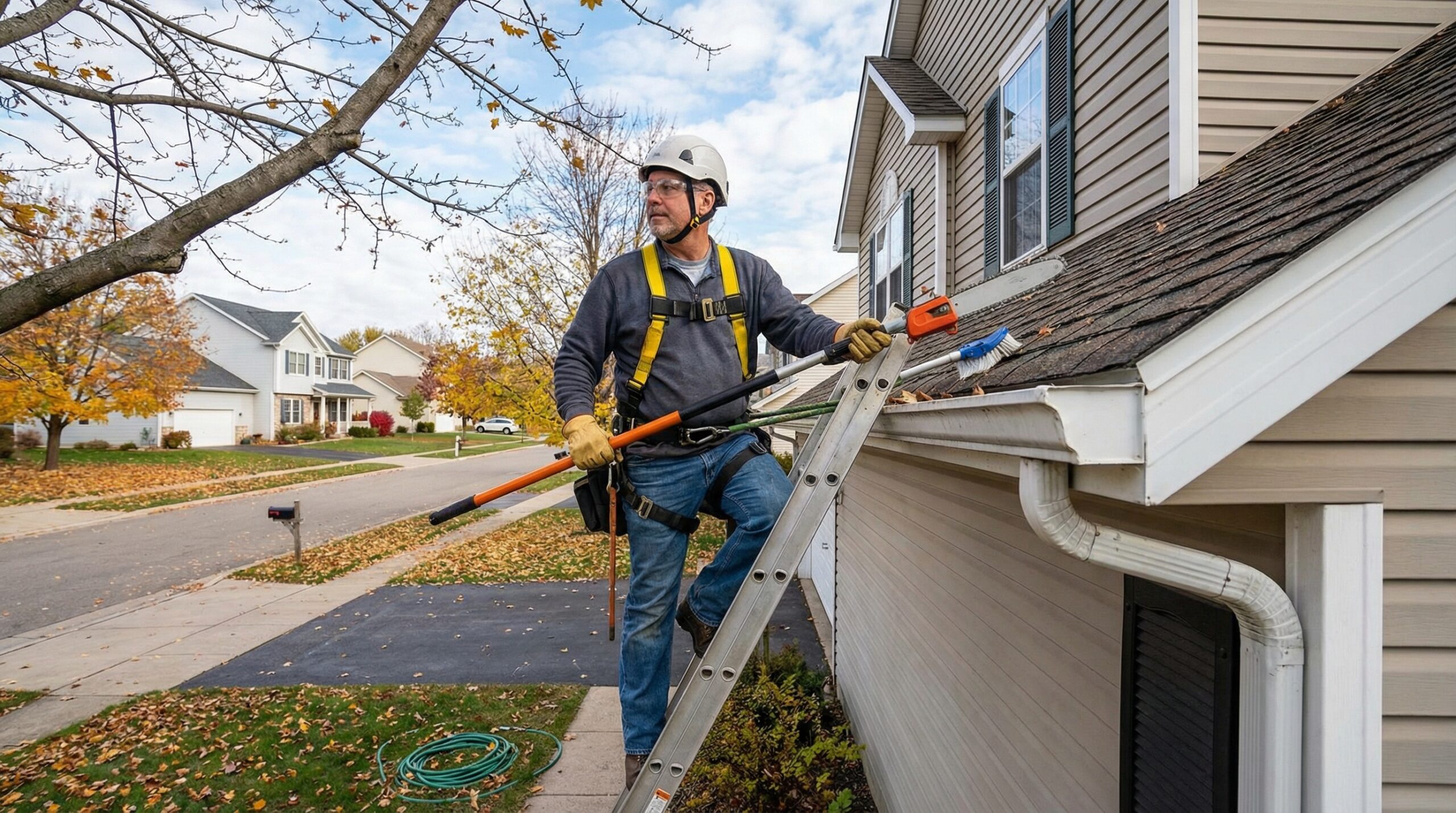 Homeowner clearing gutters and trimming tree branches near roof