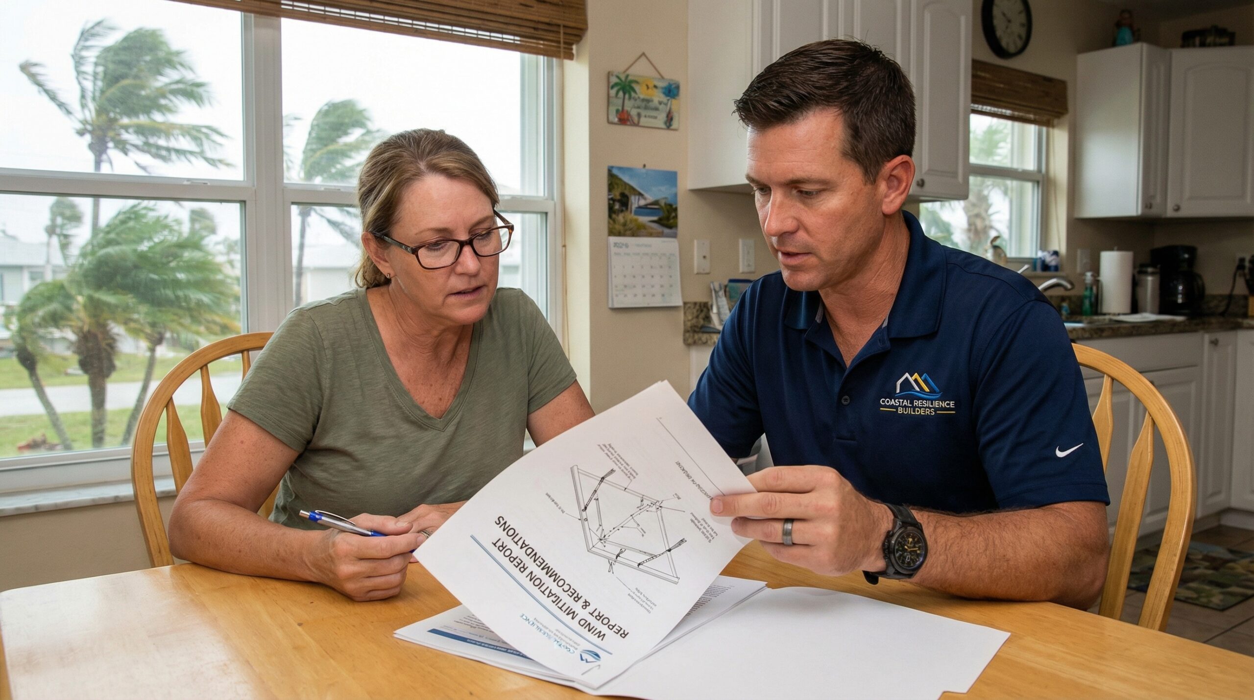Homeowner reviewing wind mitigation inspection report with contractor showing improvement recommendations