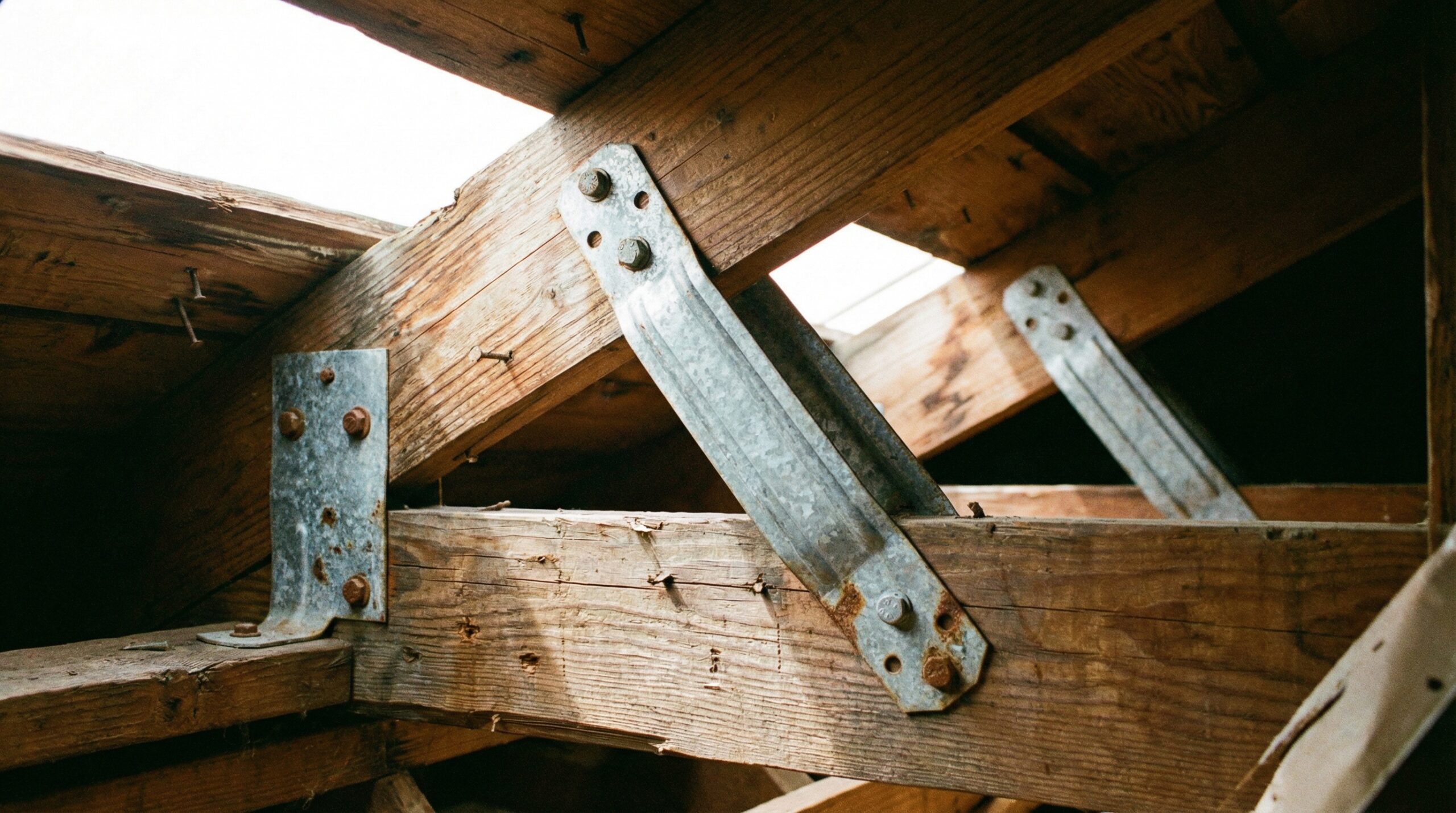 Close-up photo of hurricane straps and metal connectors on roof structure