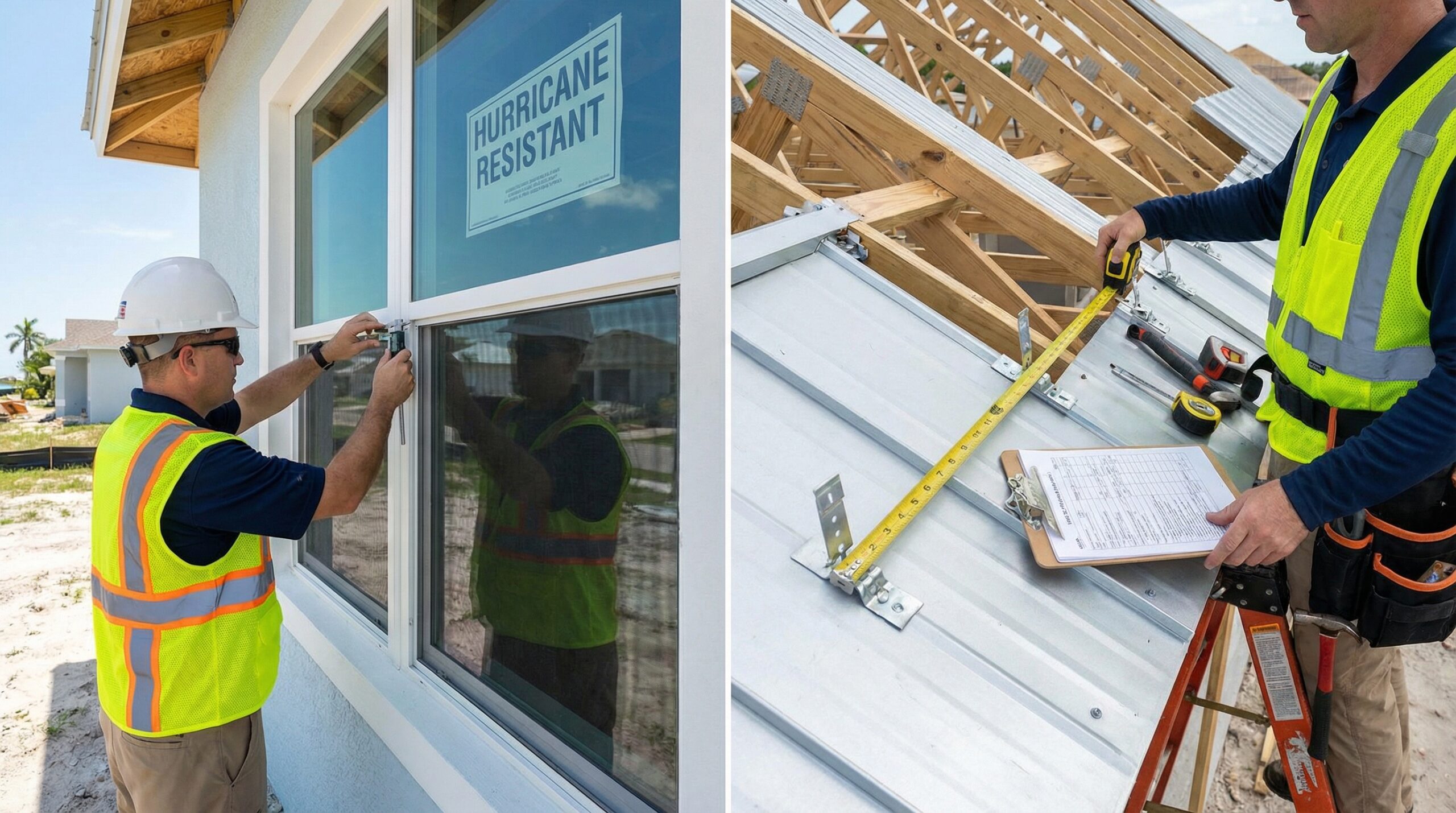 Professional inspector examining hurricane-rated windows and measuring roof attachments