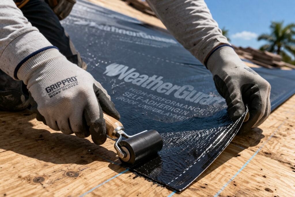 Worker applying roofing underlayment material