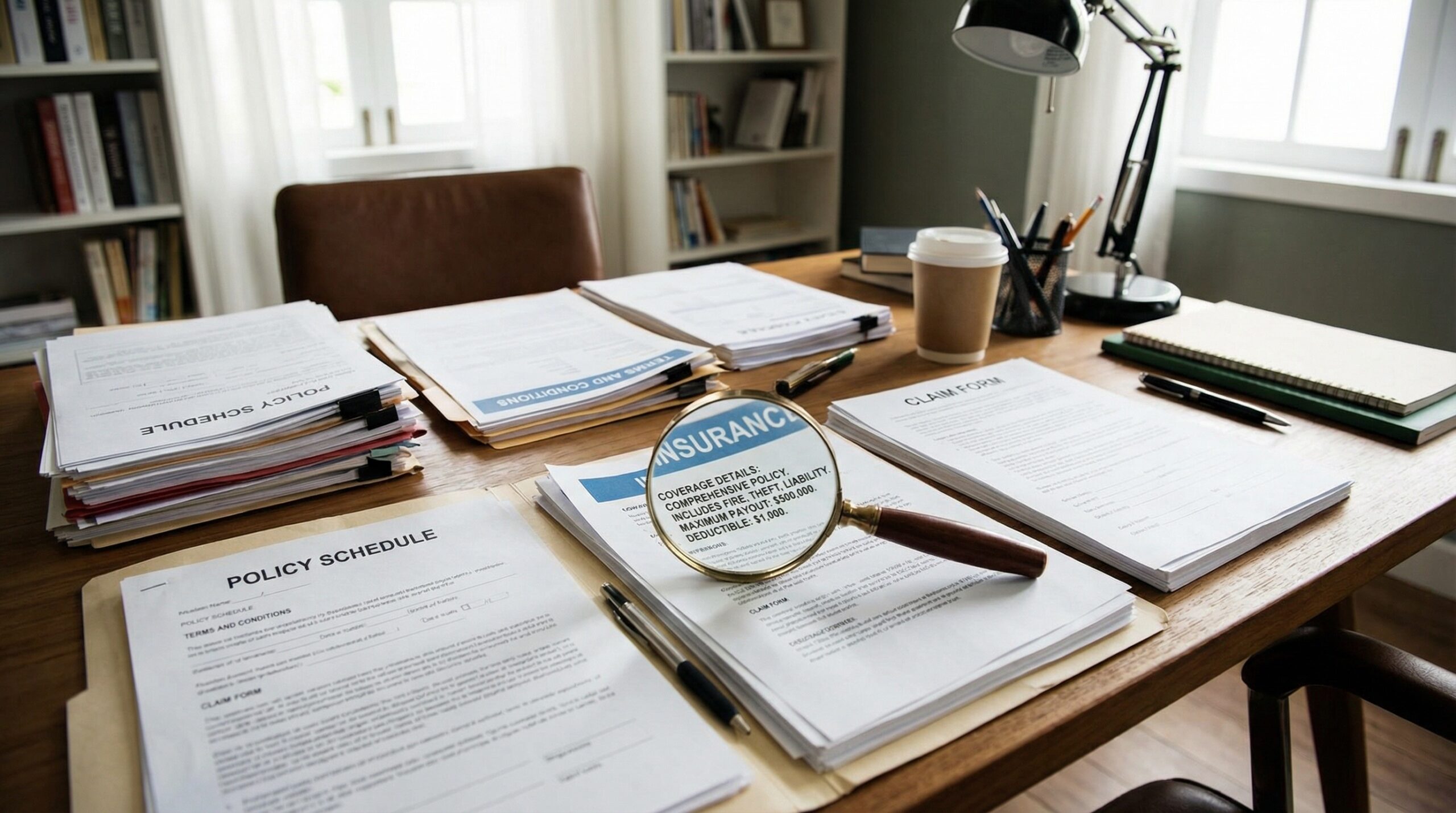 Insurance documents and contracts spread on desk with magnifying glass highlighting coverage details