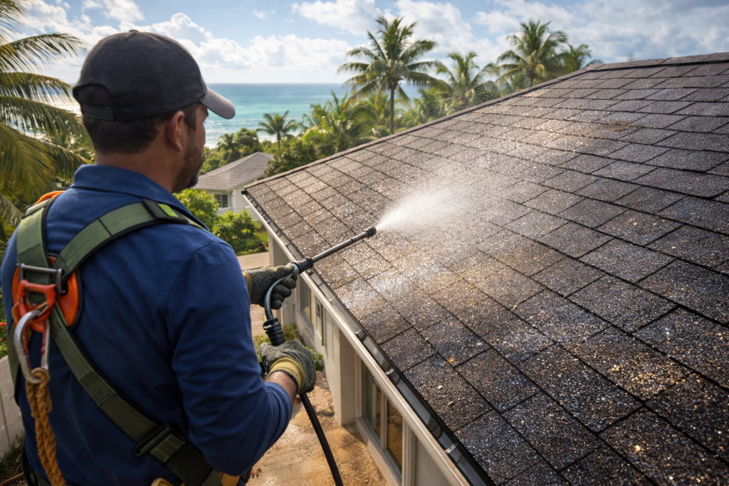 visualization of professional cleaning a nanotech roof