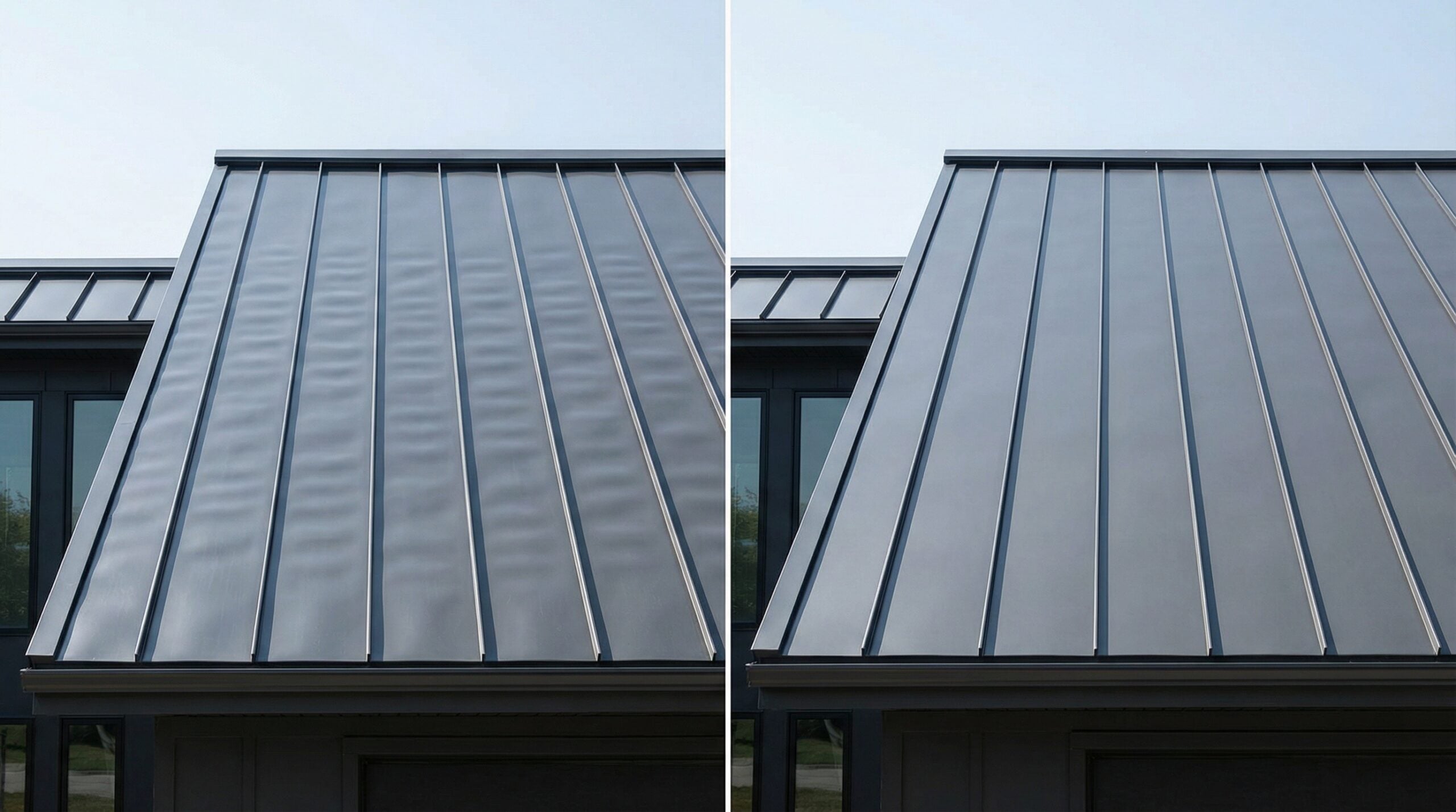 Before and after comparison of oil canning on a metal roof