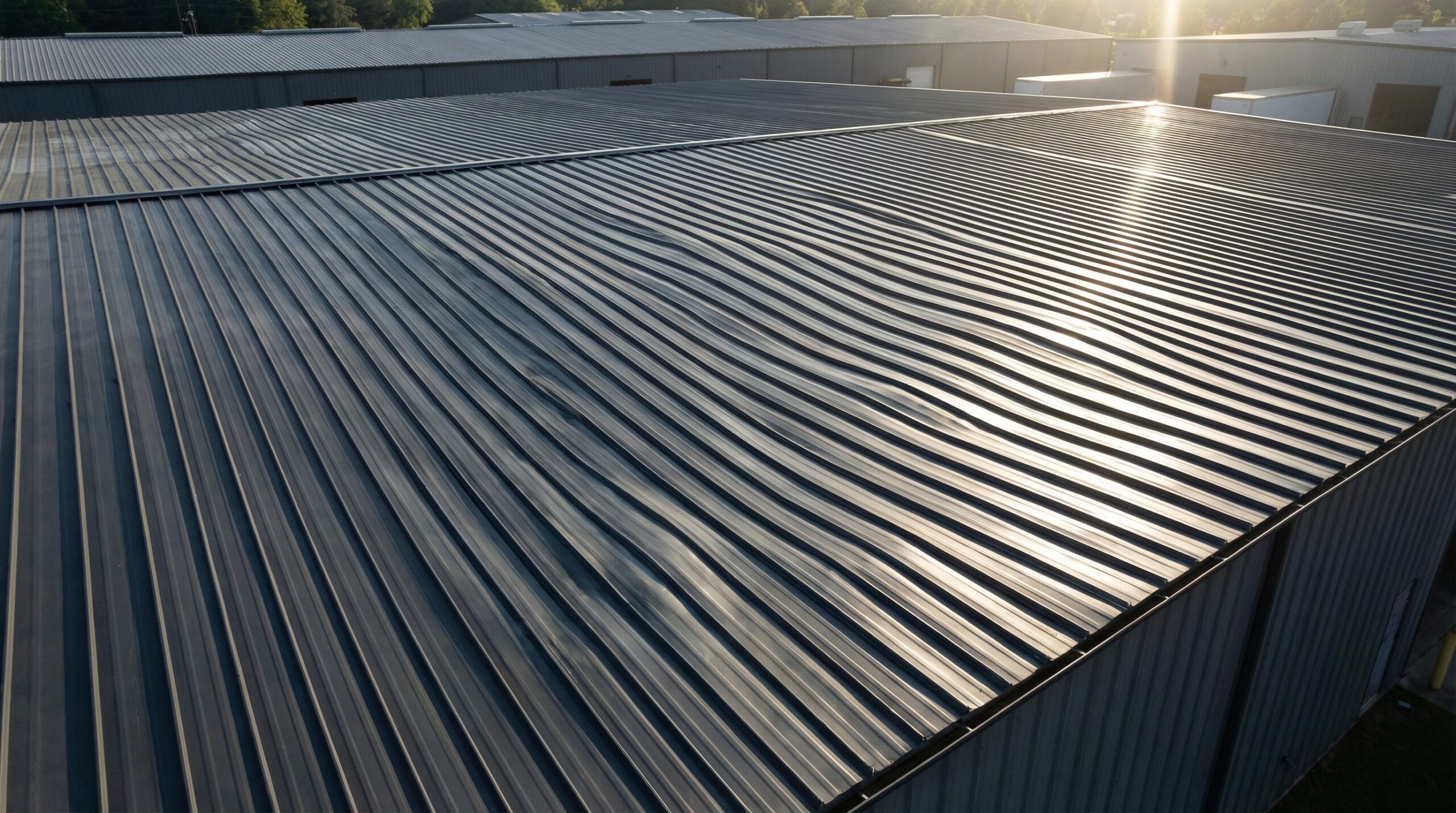 Oil canning waviness visible on a metal roof in sunlight