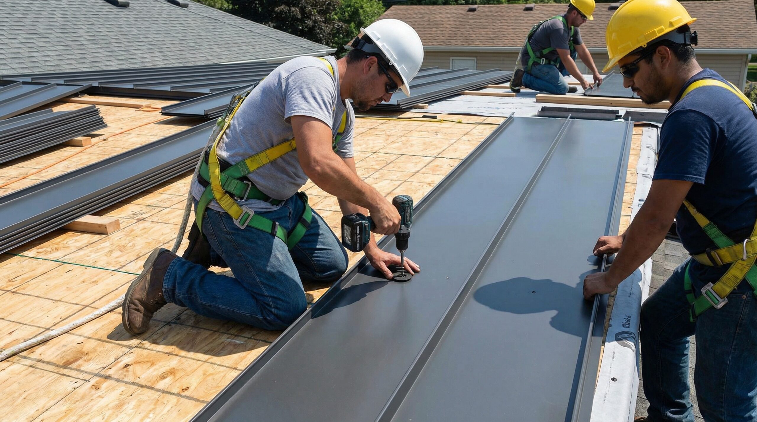 Metal roof installation process showing proper fastening techniques