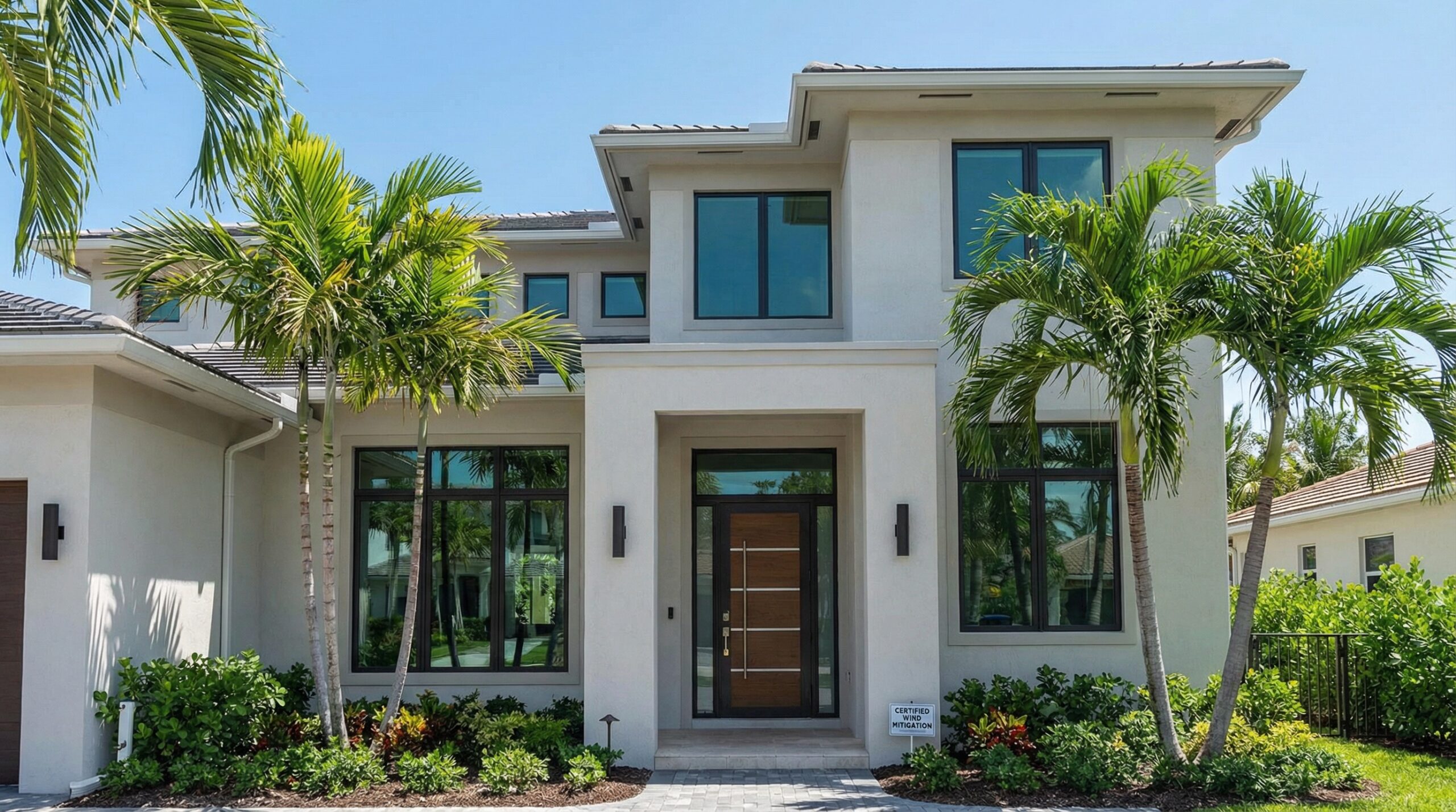 Modern West Palm Beach home with impact windows and reinforced doors showcasing wind mitigation features