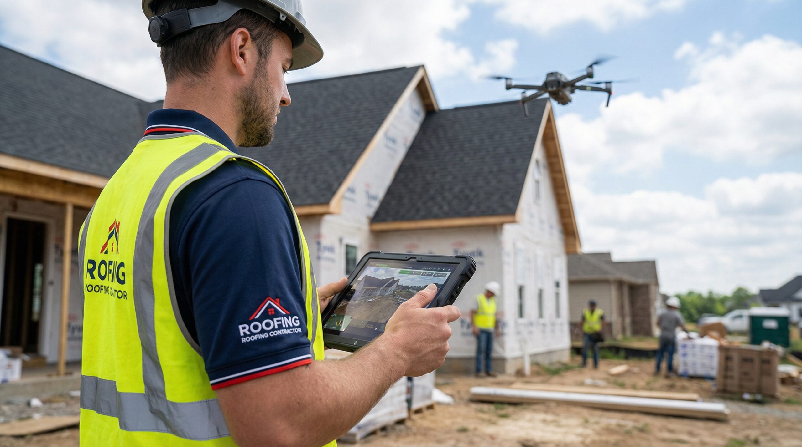 Roofing contractor using a drone and tablet for a roof inspection