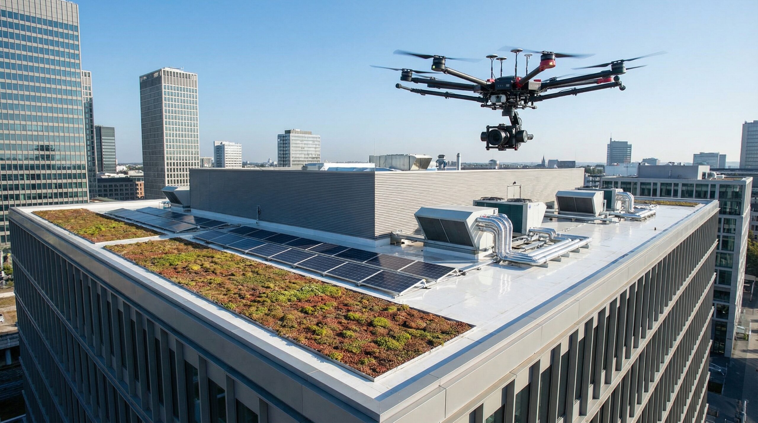 Drone surveying a commercial roof with modern roofing technology