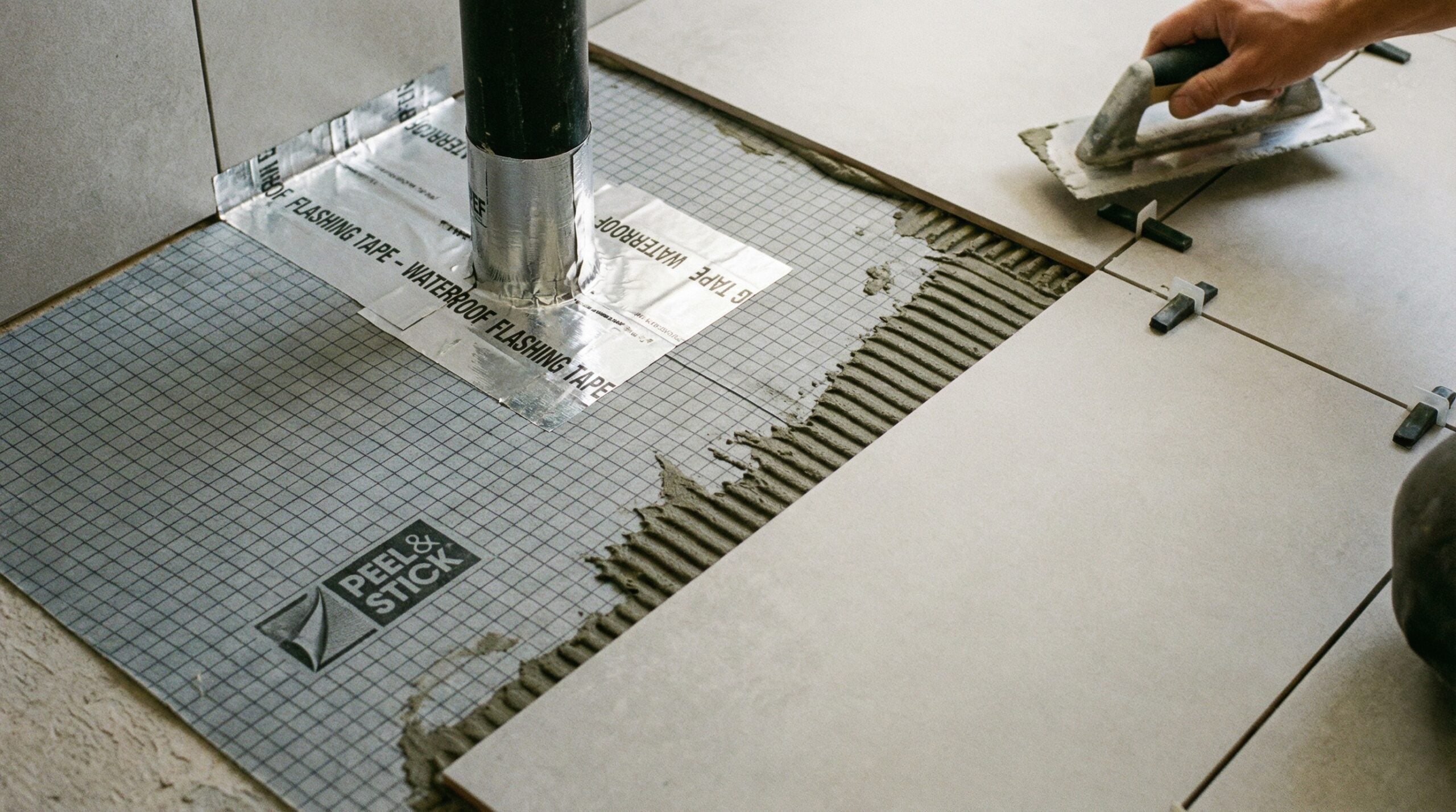 Close-up of modern tile installation showing self-adhered underlayment and proper flashing