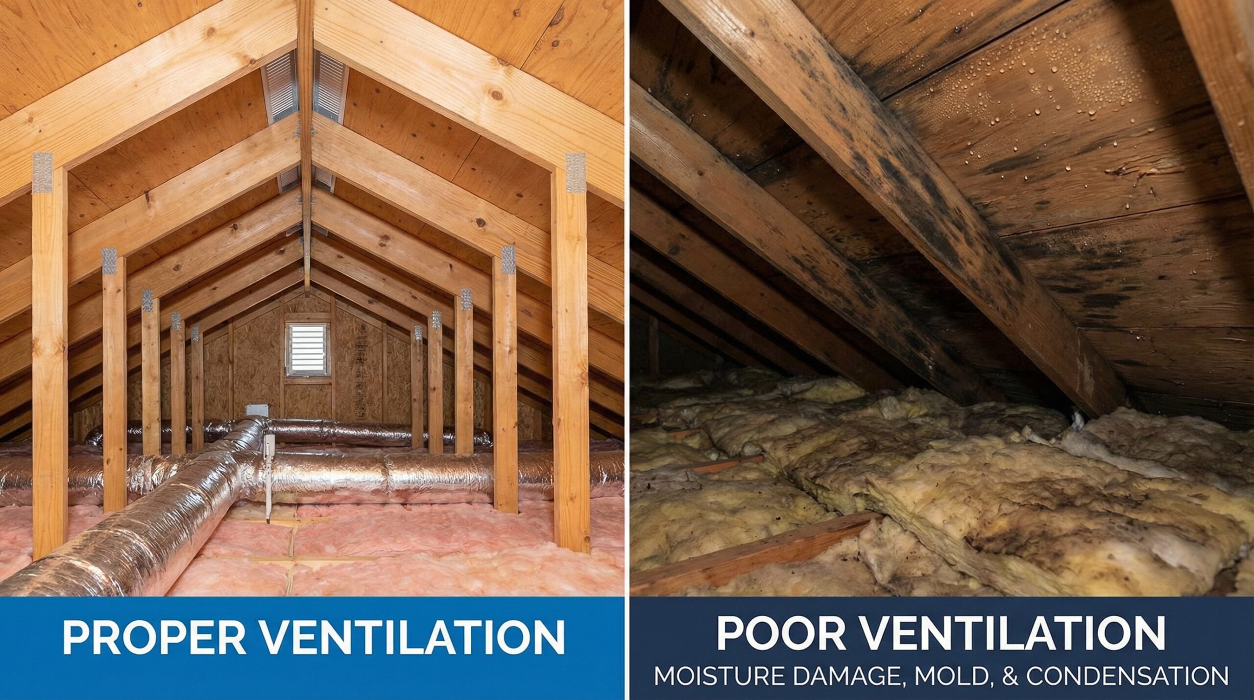 Moisture damage comparison between ventilated and unventilated attic