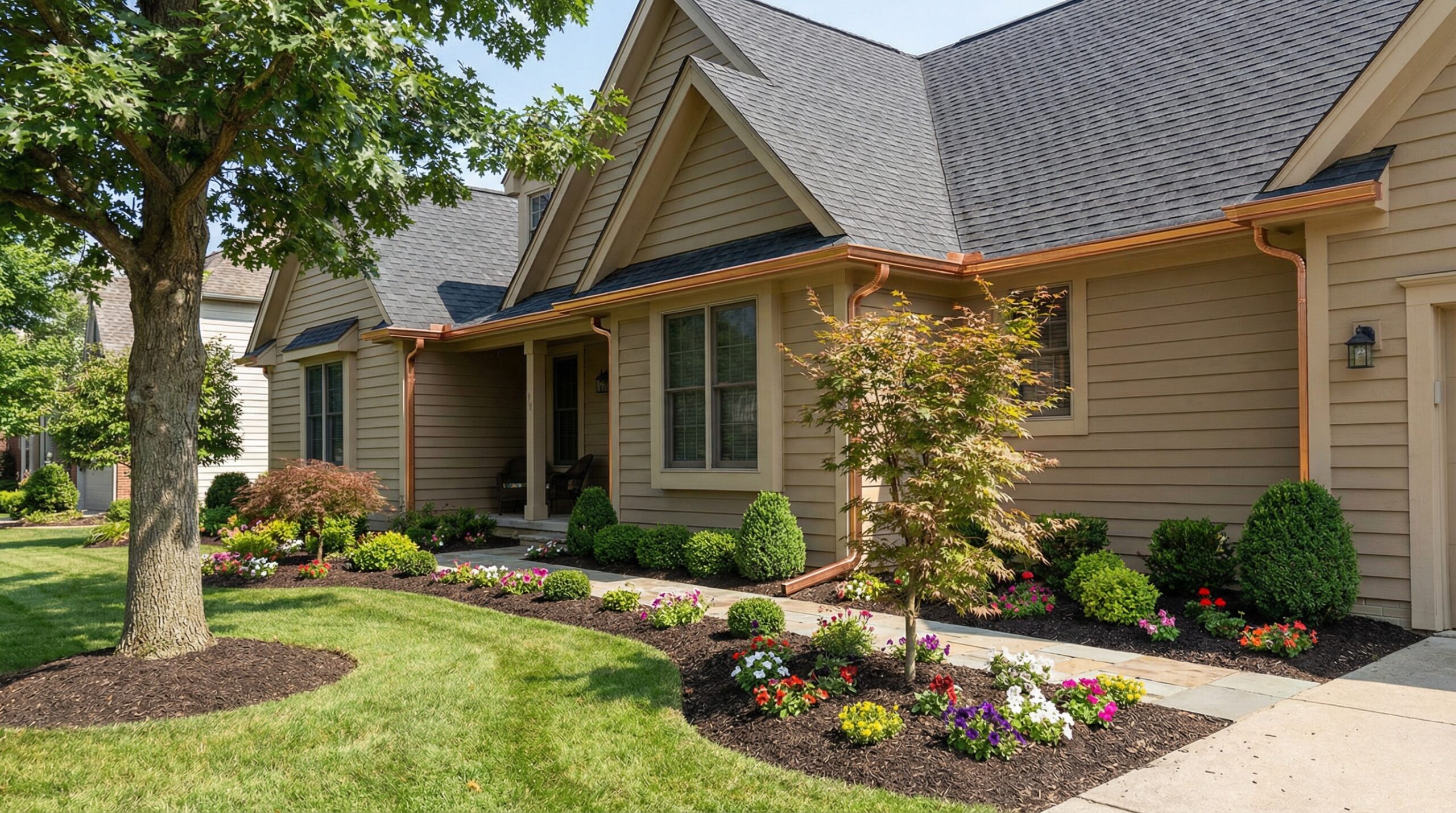 Well-maintained home exterior showing clean gutters and fresh landscaping