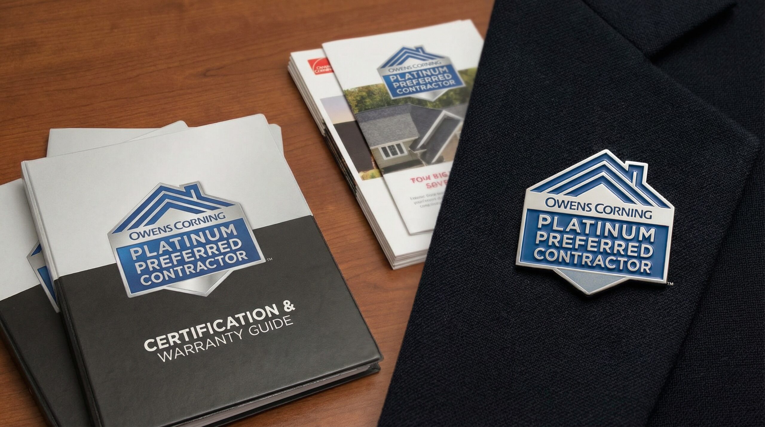 Close-up of Owens Corning Platinum Preferred Contractor certification badge and materials