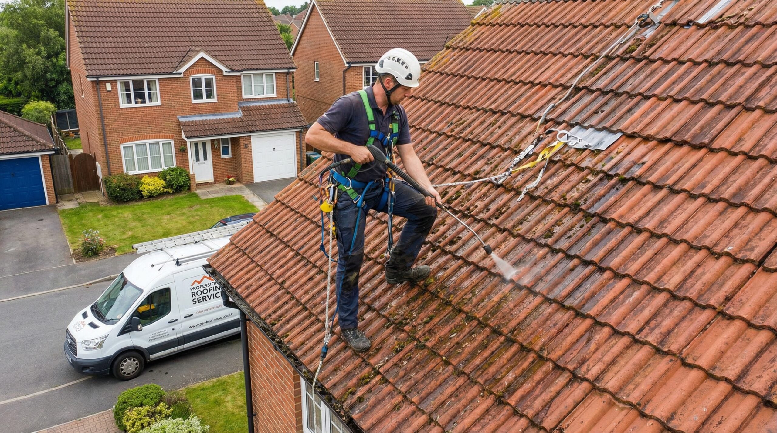 Professional Roofer Safely Cleaning Tile Roof Proper Equipment
