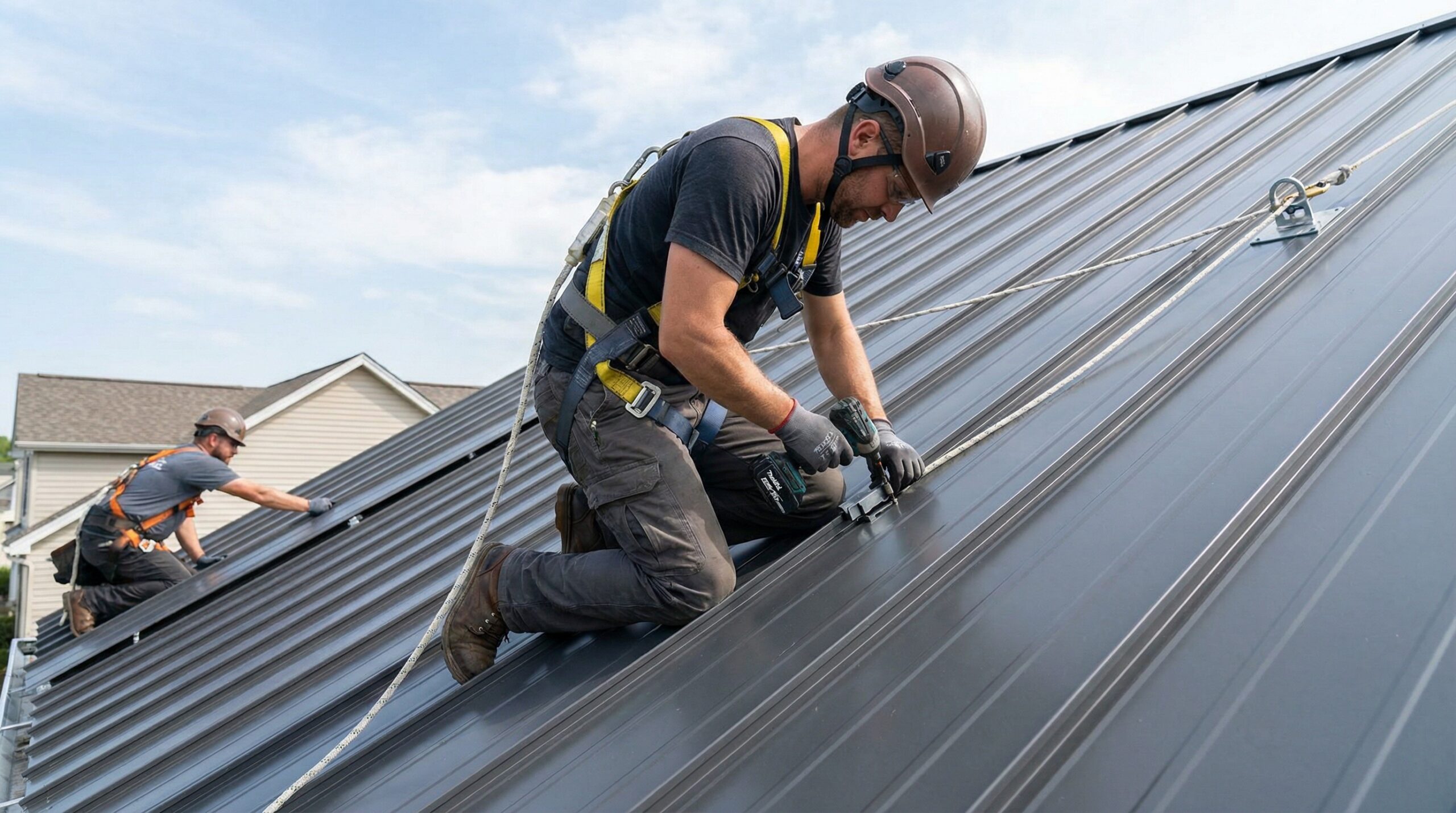 professional roofer installing metal panels with proper technique