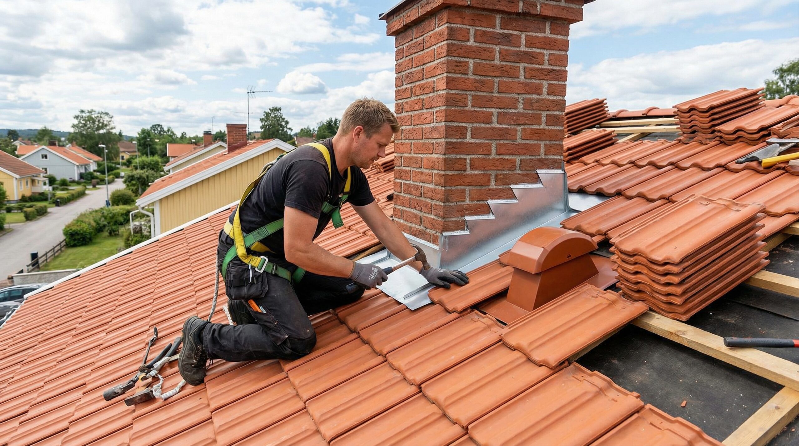 Professional roofer installing tile roof with proper flashing