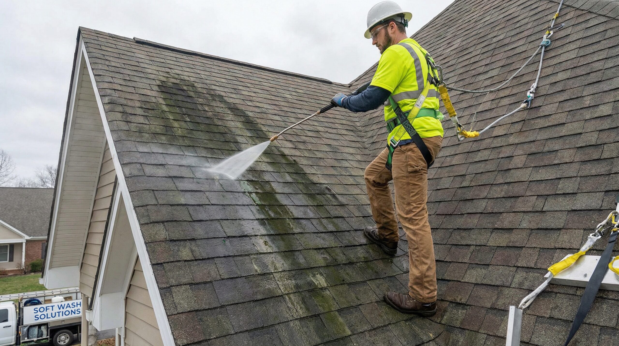 Professional roofer applying soft wash cleaning solution to algae-stained roof with proper safety equipment