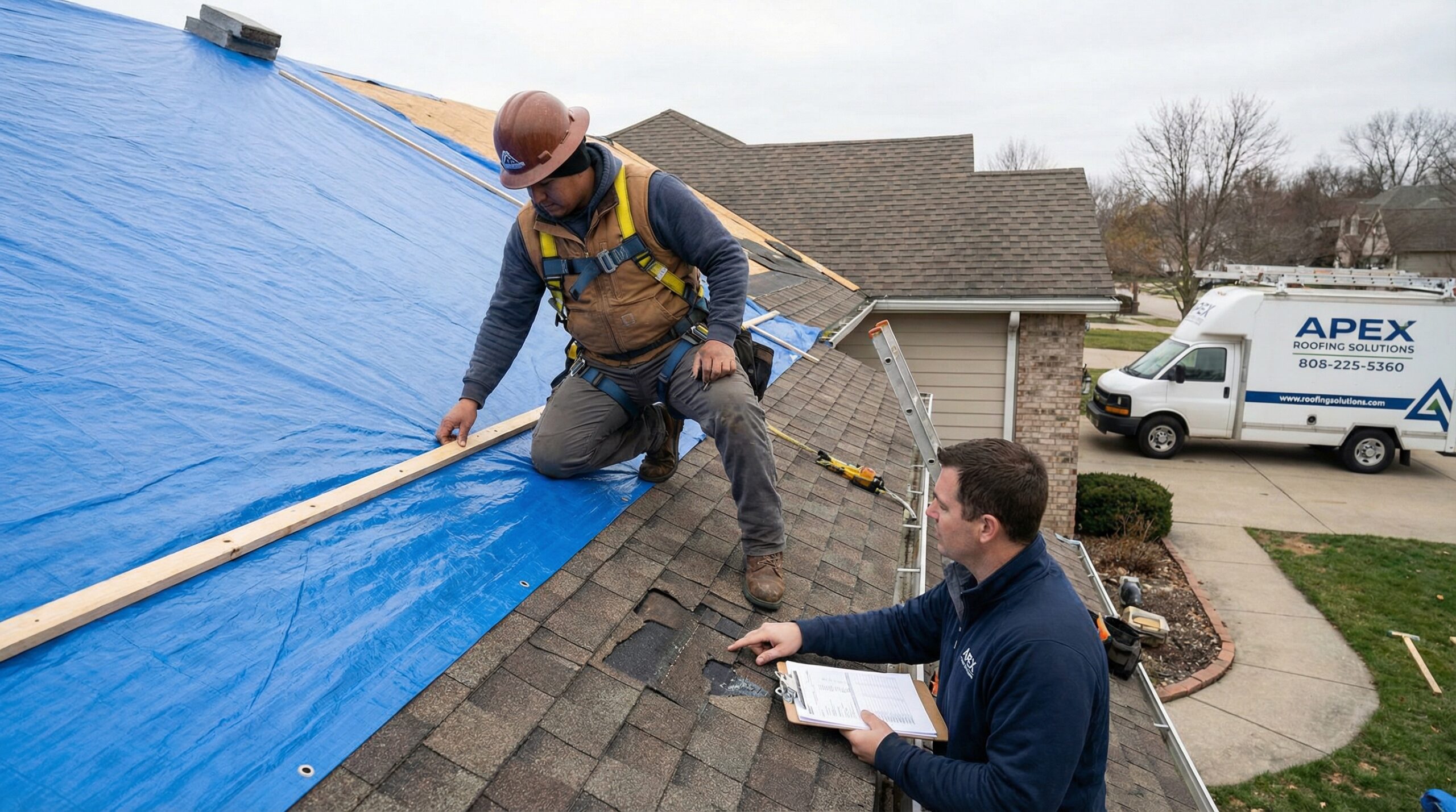 Professional roofer installing emergency tarp and conducting damage assessment