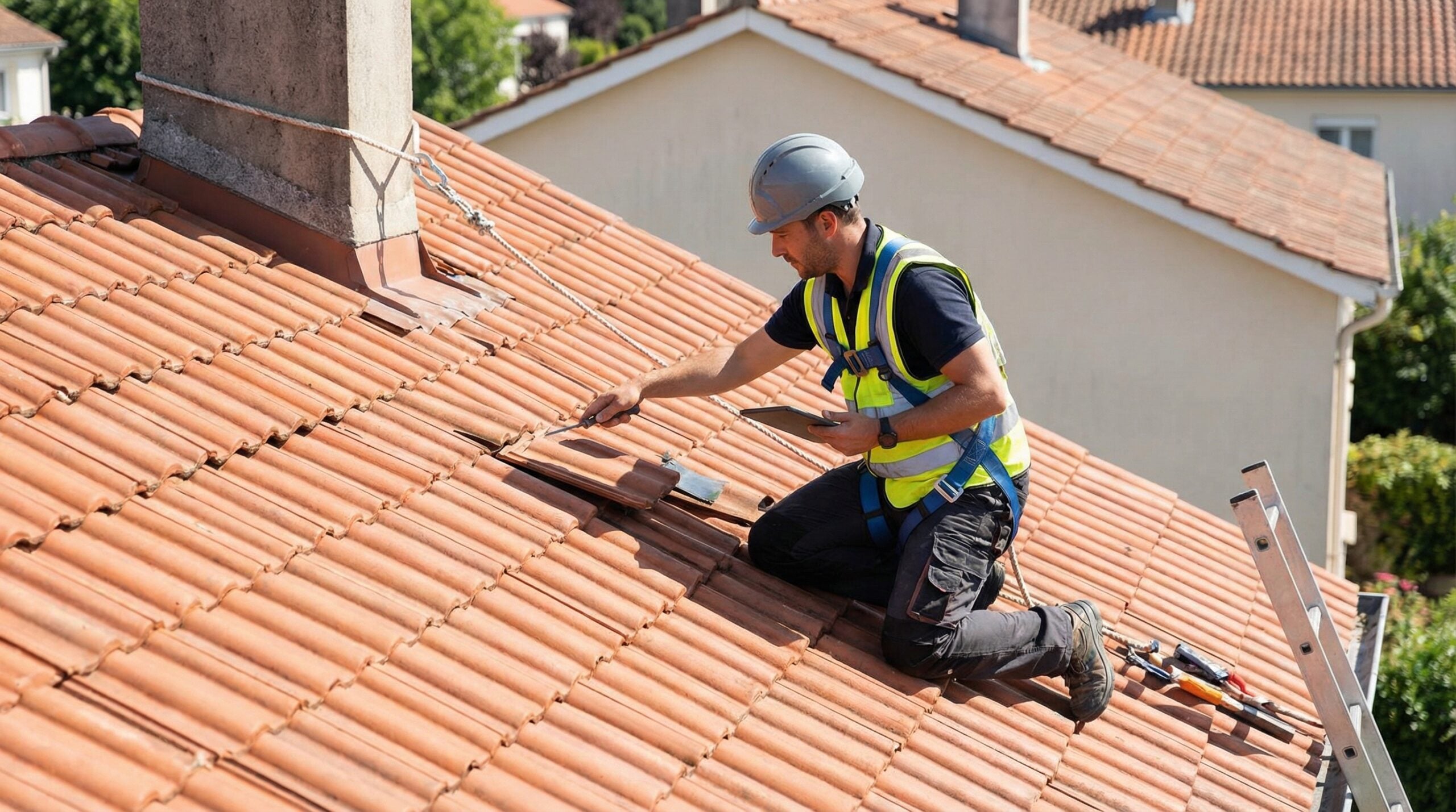 Professional roofer performing maintenance inspection on tile roof