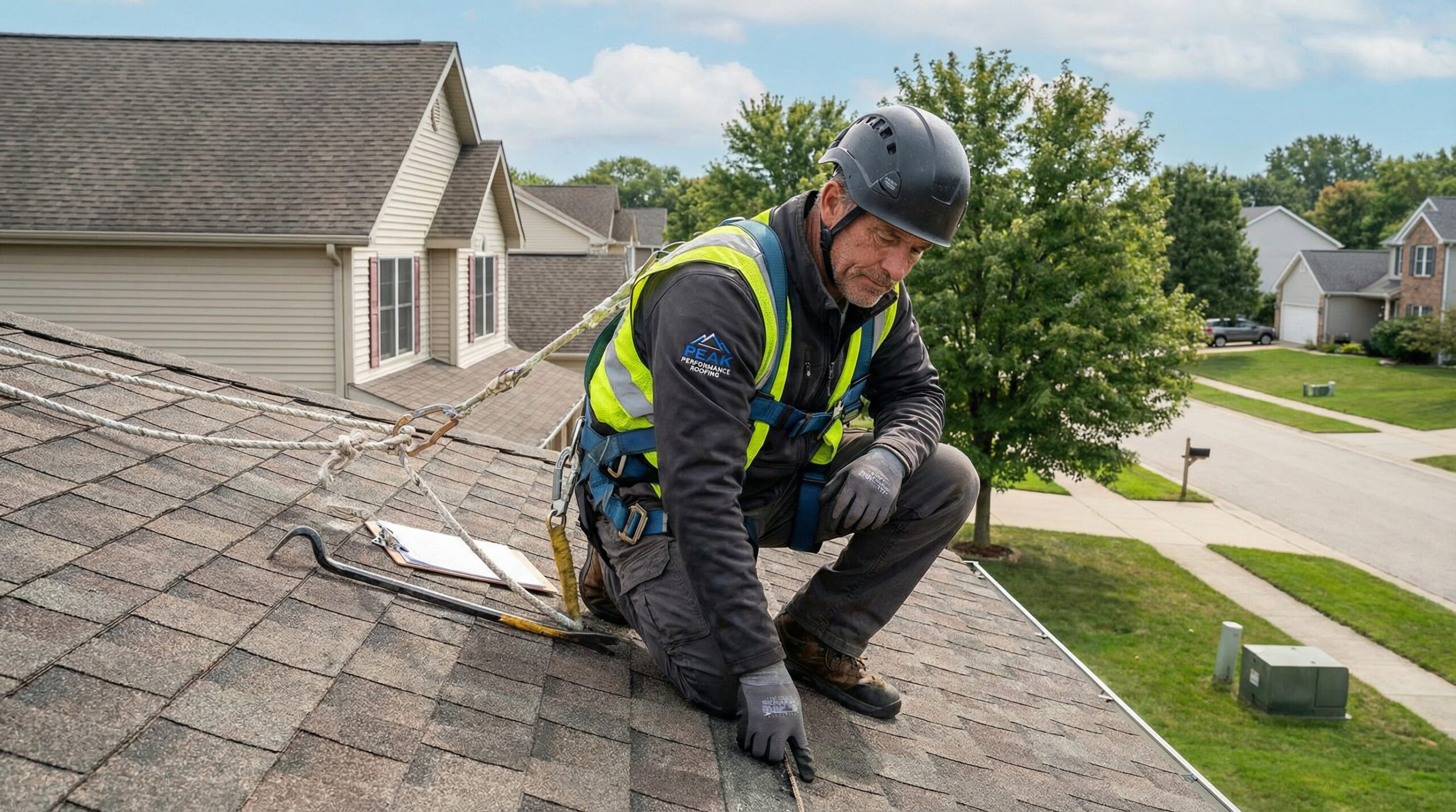Professional roofer performing maintenance check with safety equipment on residential roof