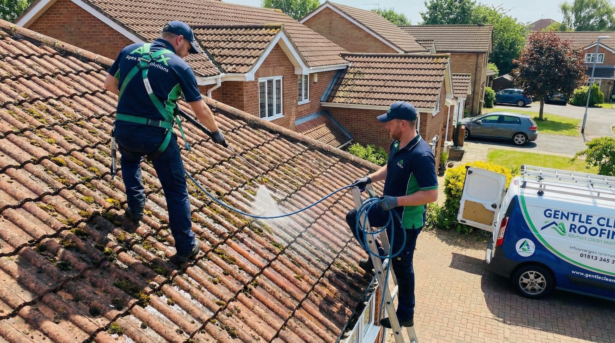 Professional using proper low-pressure method for tile roof cleaning