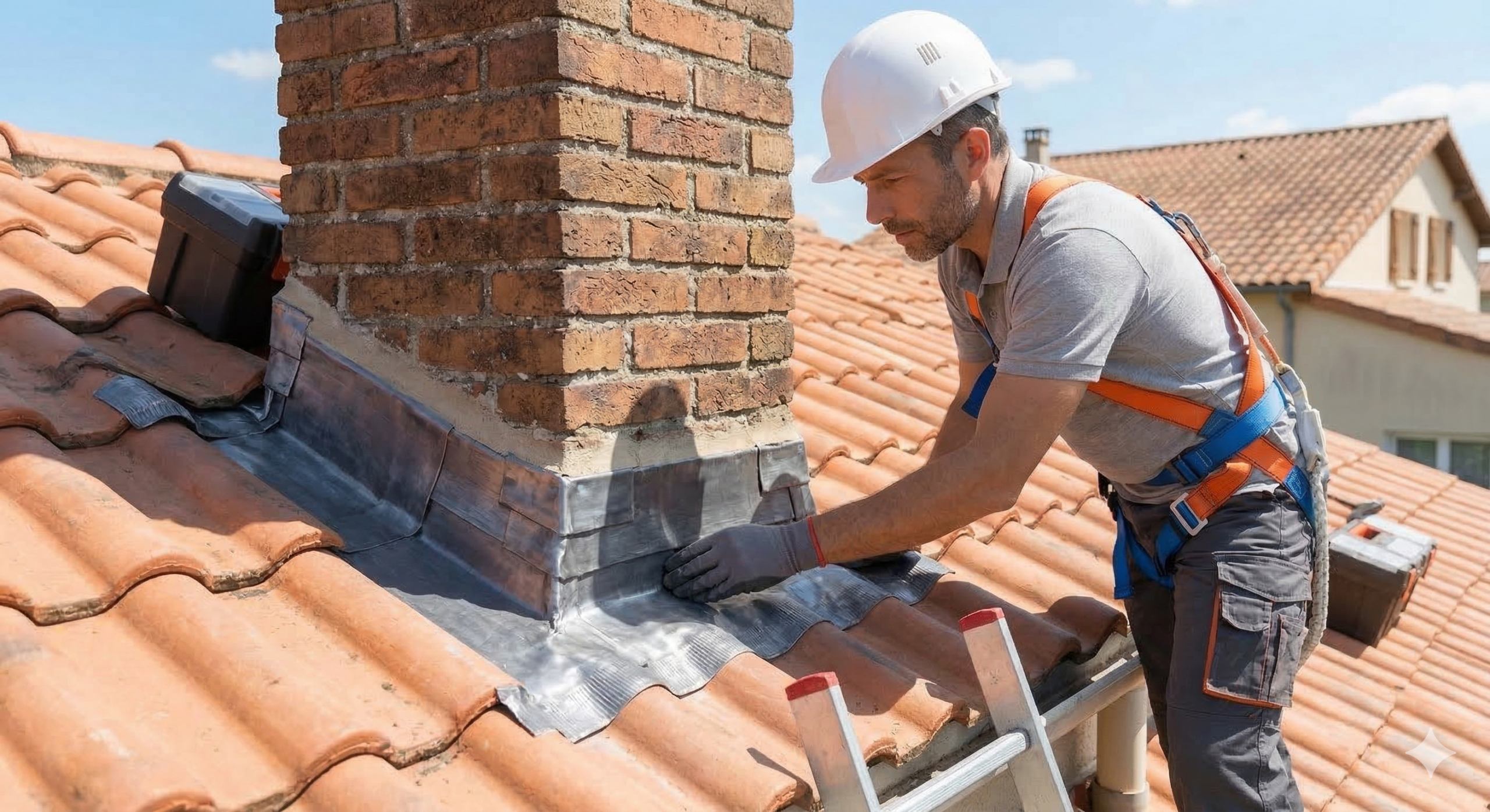 Professional roofer inspecting tile roof during maintenance