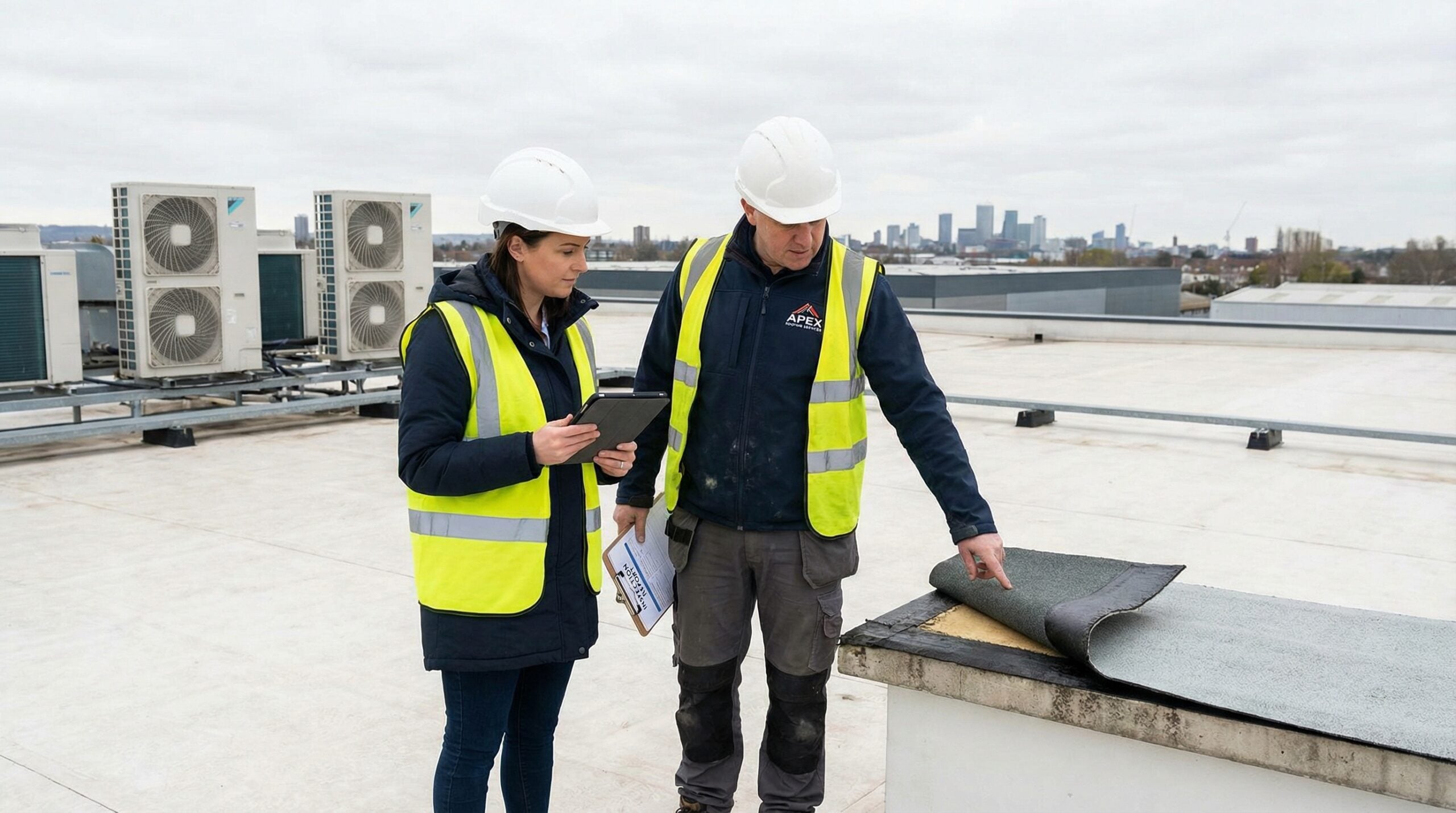 Property manager inspecting a commercial roof in South Florida