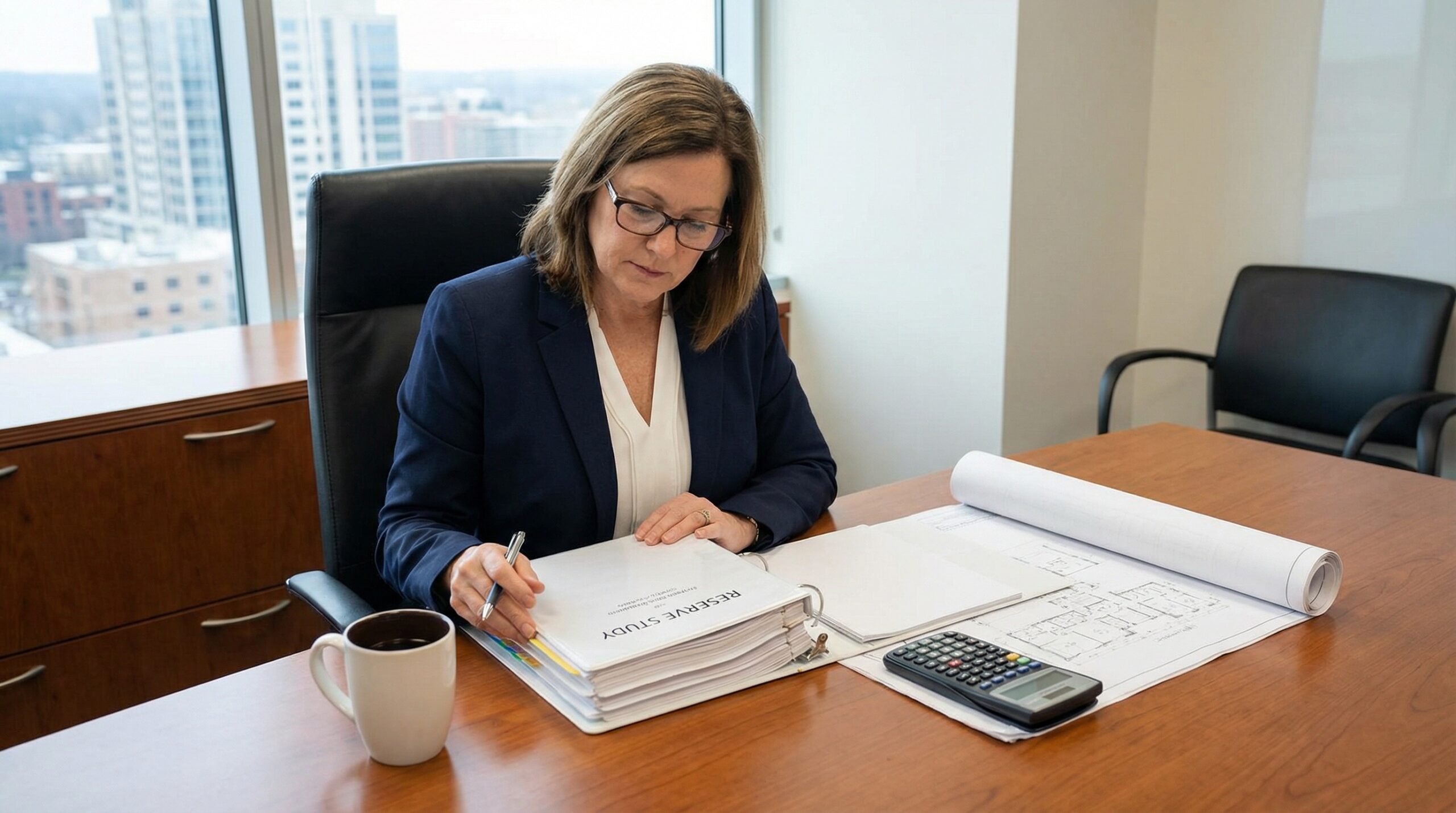 Property manager reviewing reserve study documents with calculator and building plans