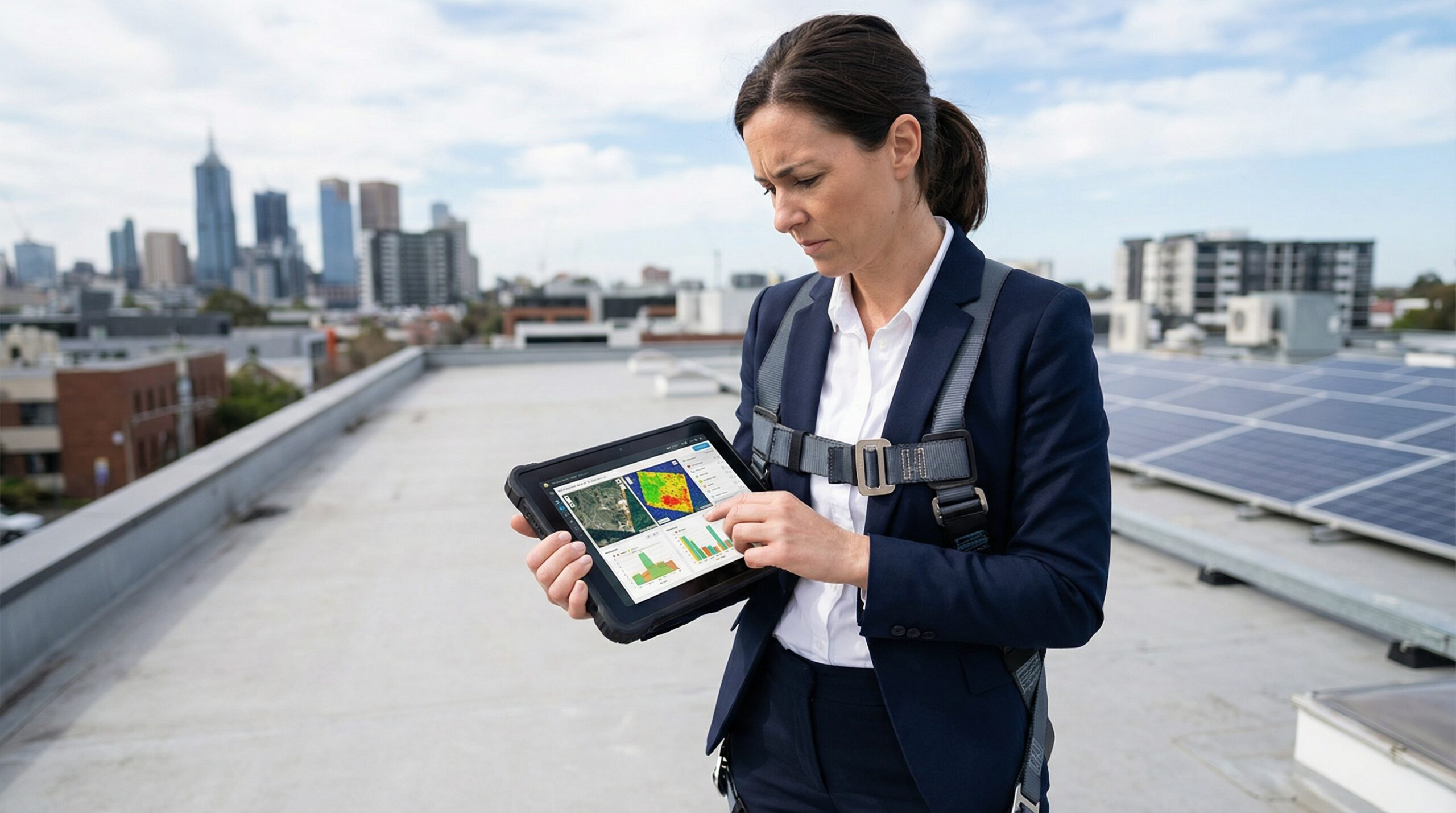 Property manager reviewing drone roof inspection data on tablet