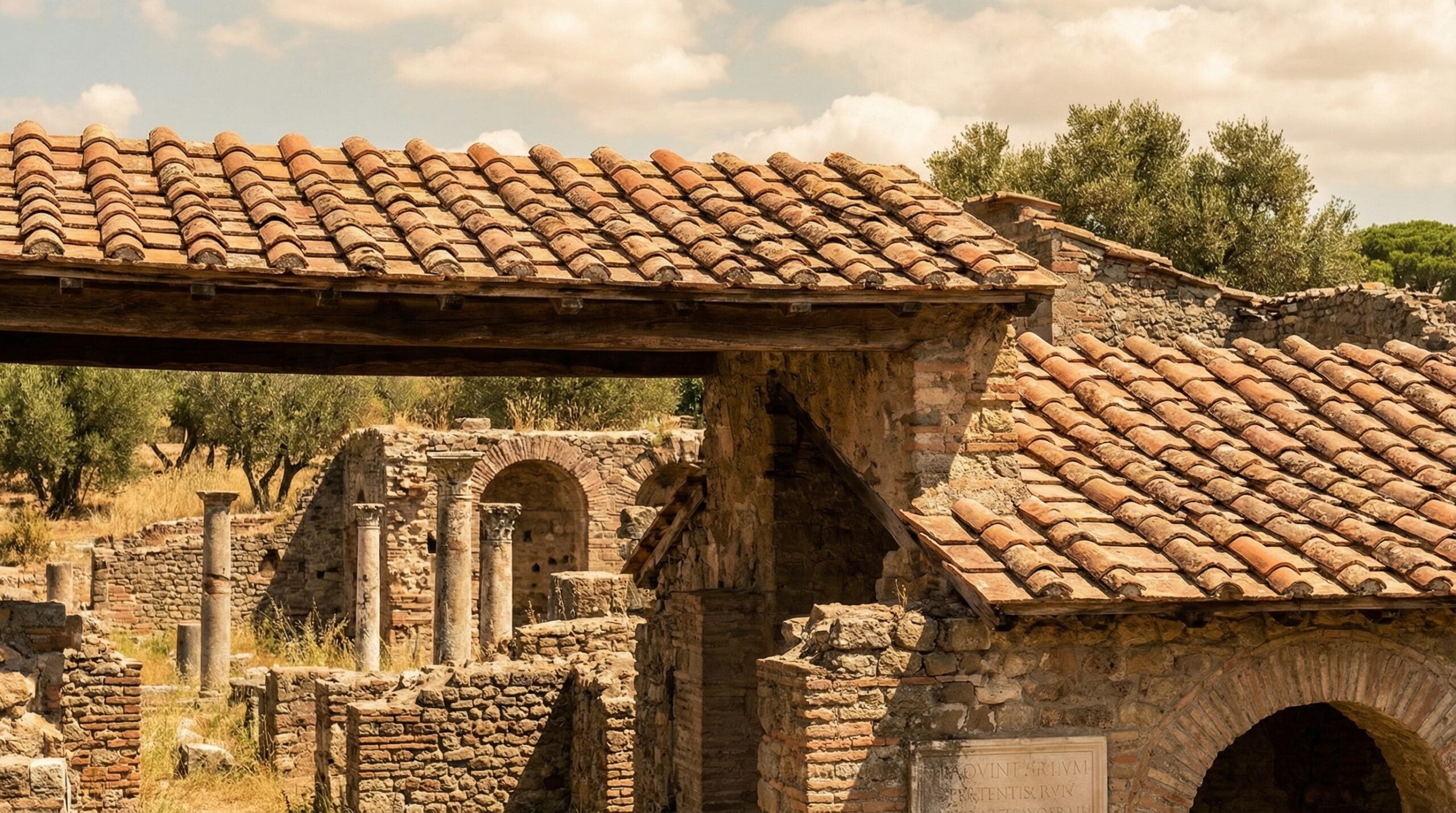 Roman terra cotta tiles on ancient building ruins showing classical tile roofing techniques