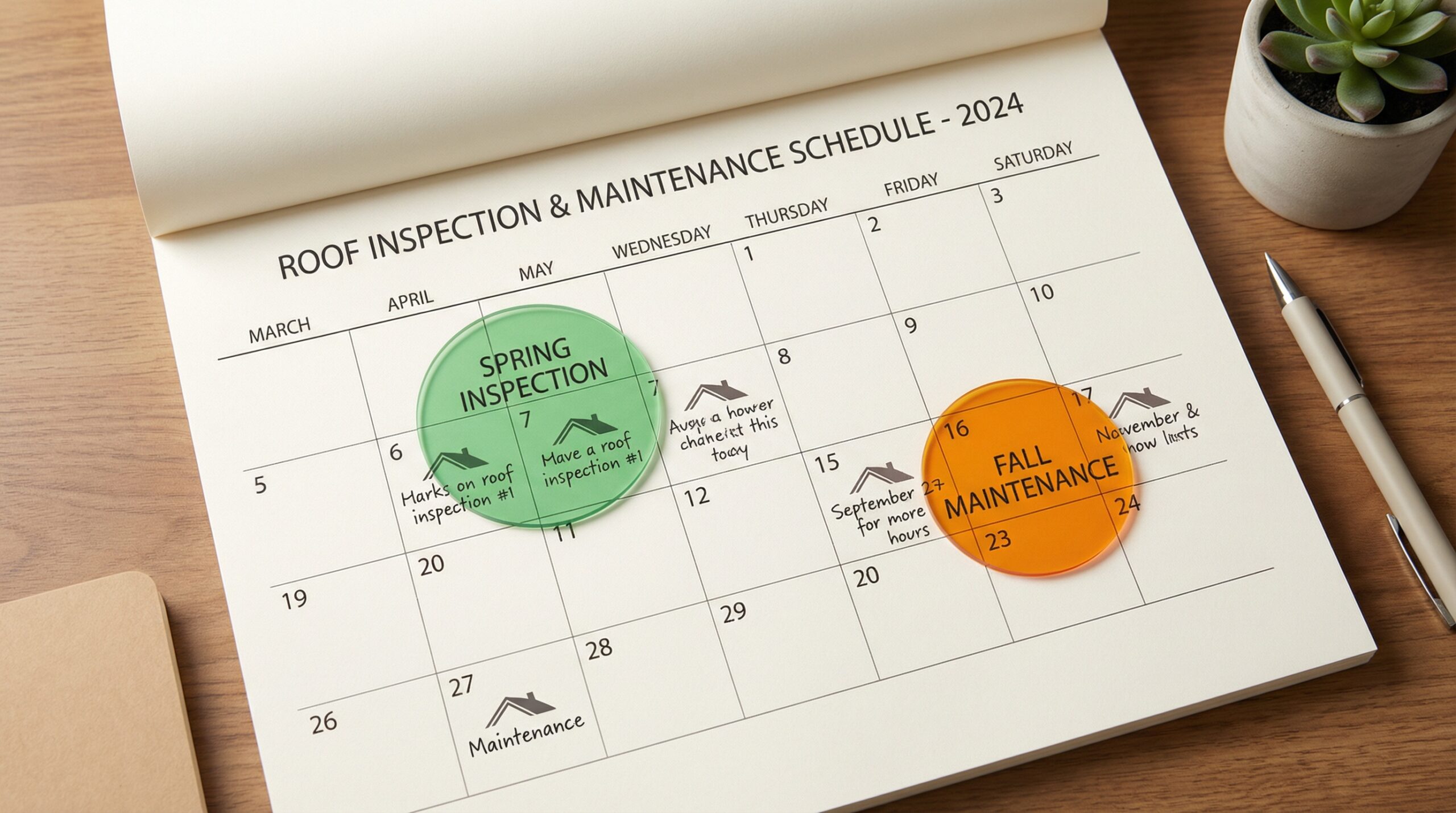 Calendar showing roof inspection schedule with spring and fall markers