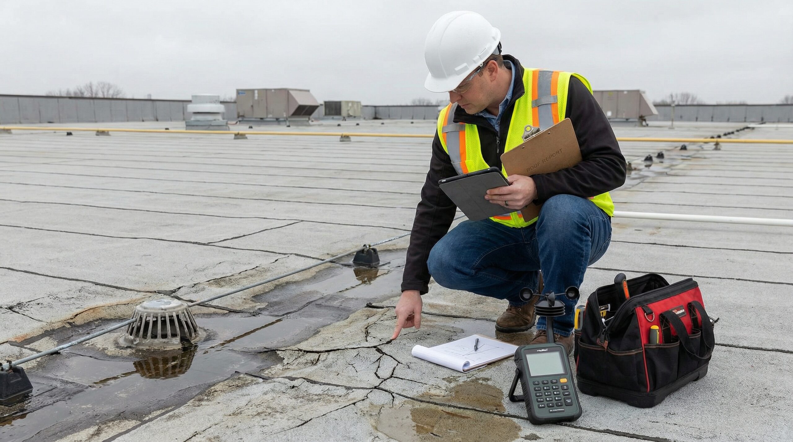 roof-inspector-documenting-damage-on-commercial-flat-roof