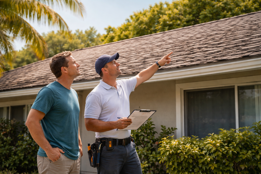 Visualization of homeowner and professional contemplating roof rejuvenation for Florida roof
