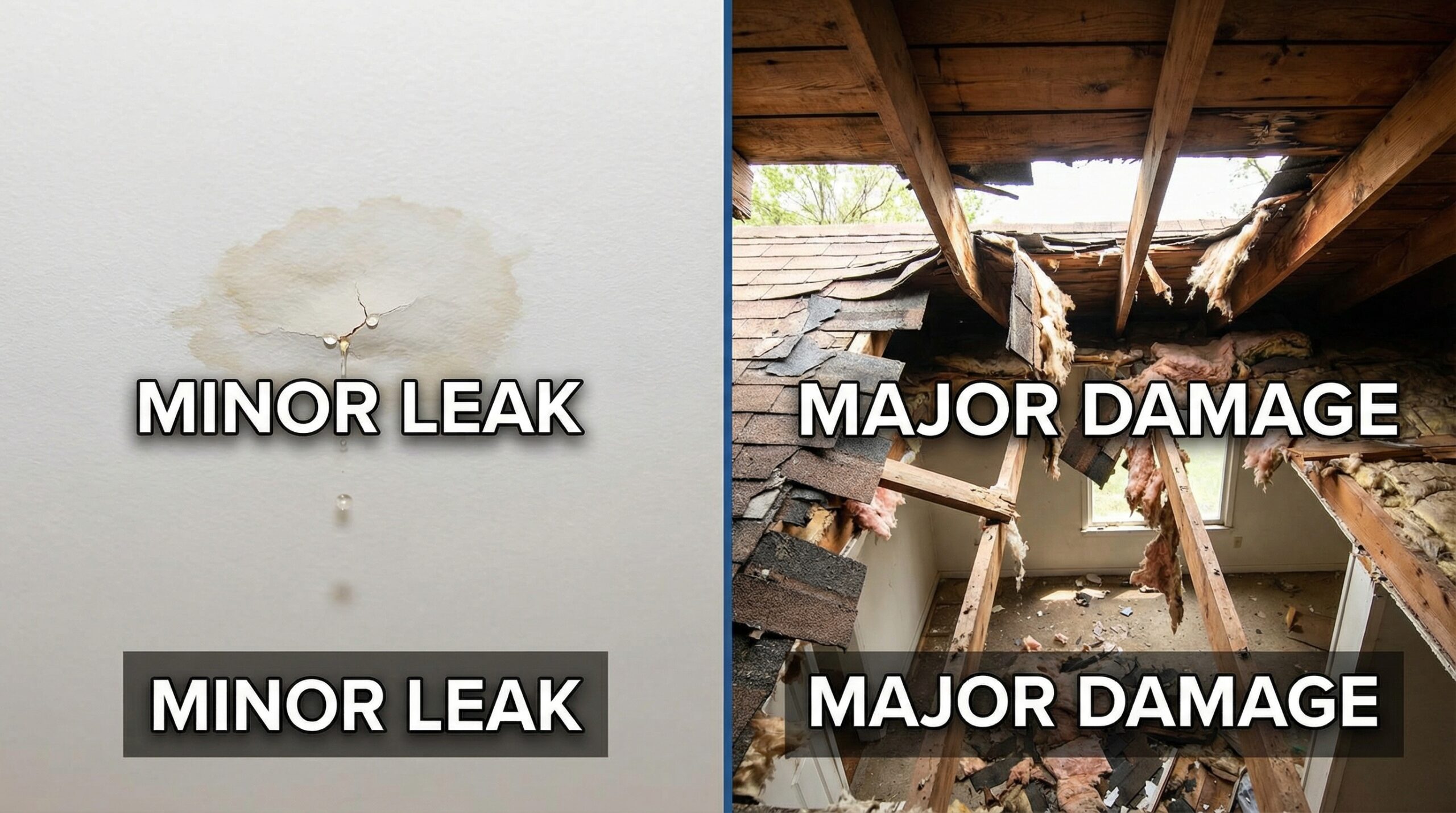 Comparison showing minor leak versus major roof damage with exposed interior